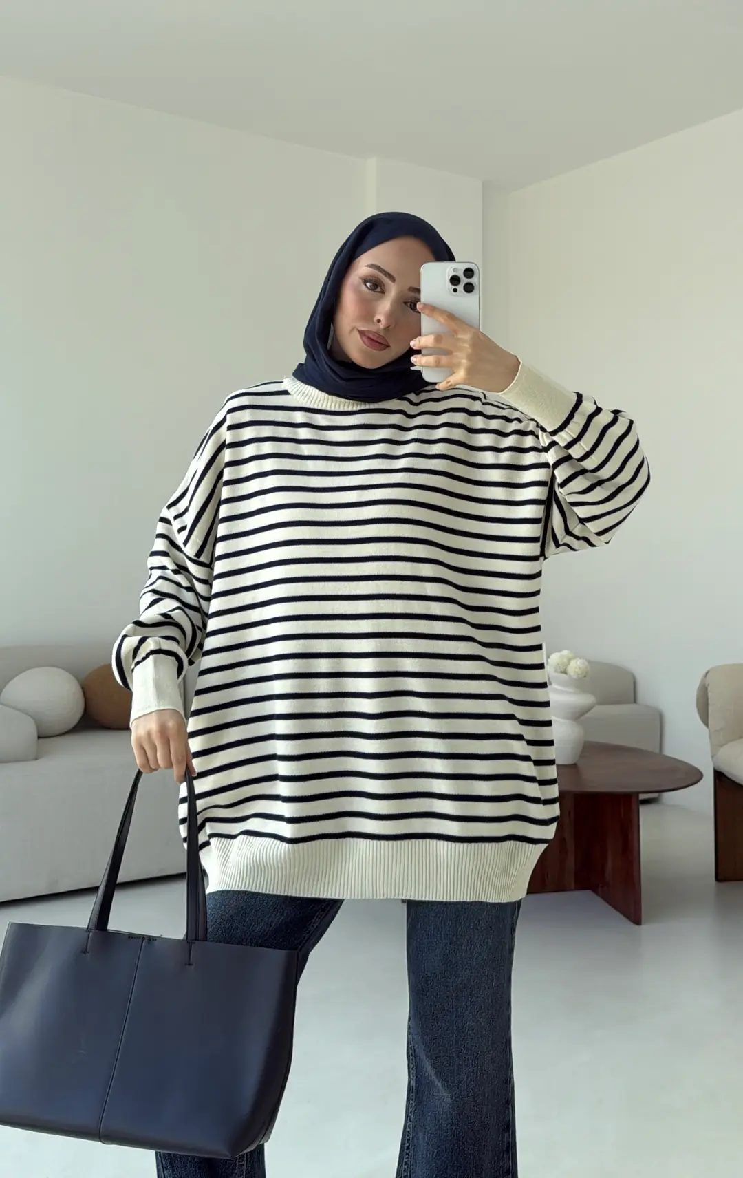 Çizgili Triko Kazak Ekru - Görsel 5