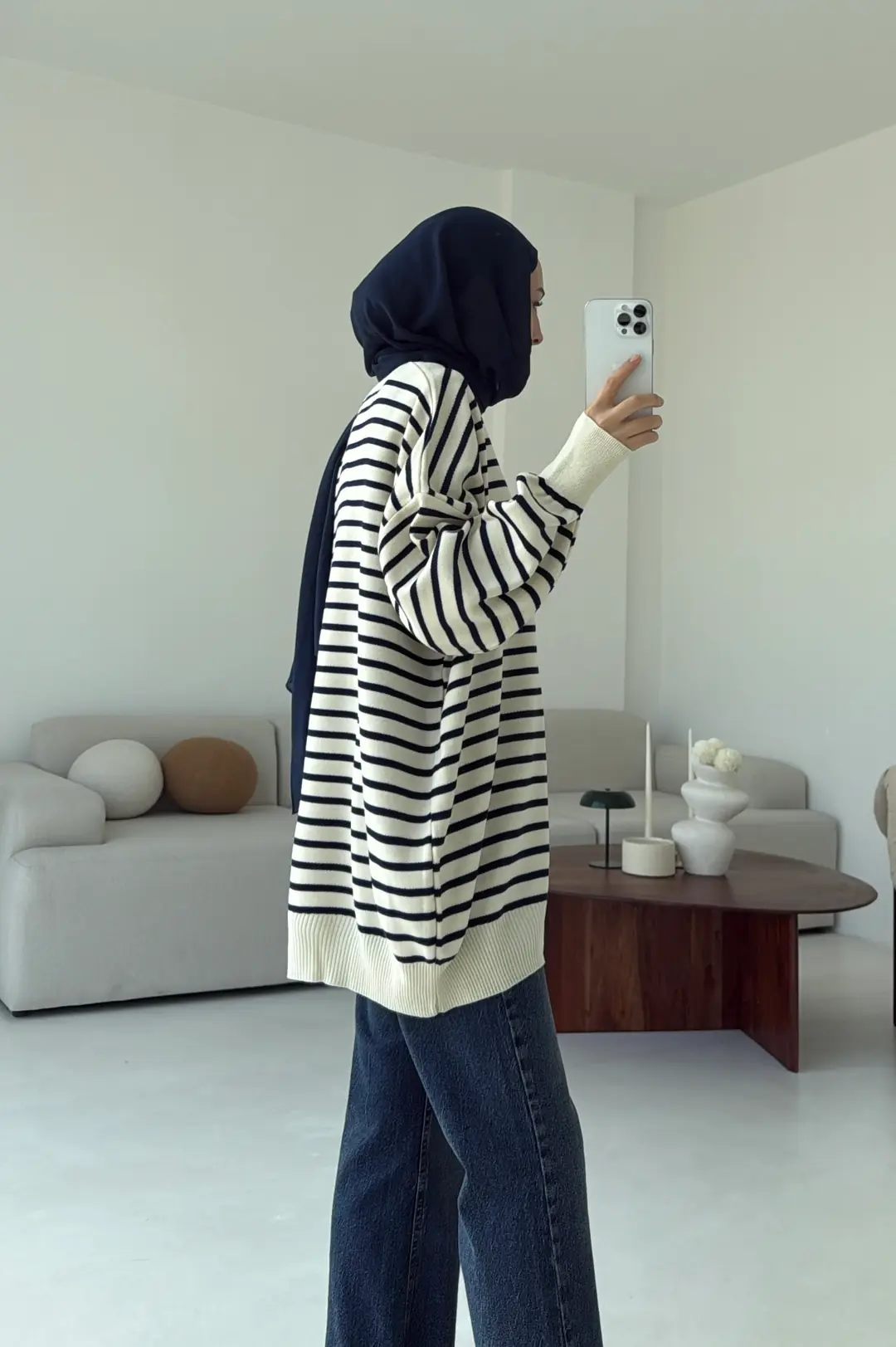 Çizgili Triko Kazak Ekru - Görsel 8