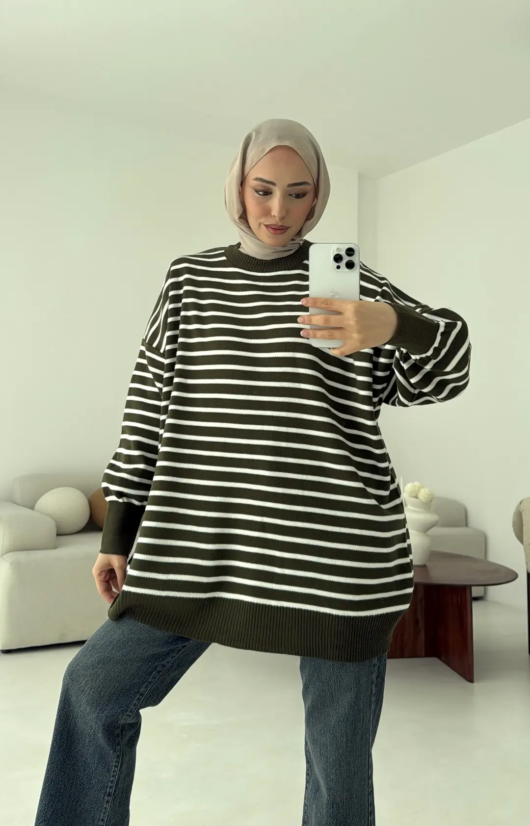 Çizgili Triko Kazak Haki - Görsel 3