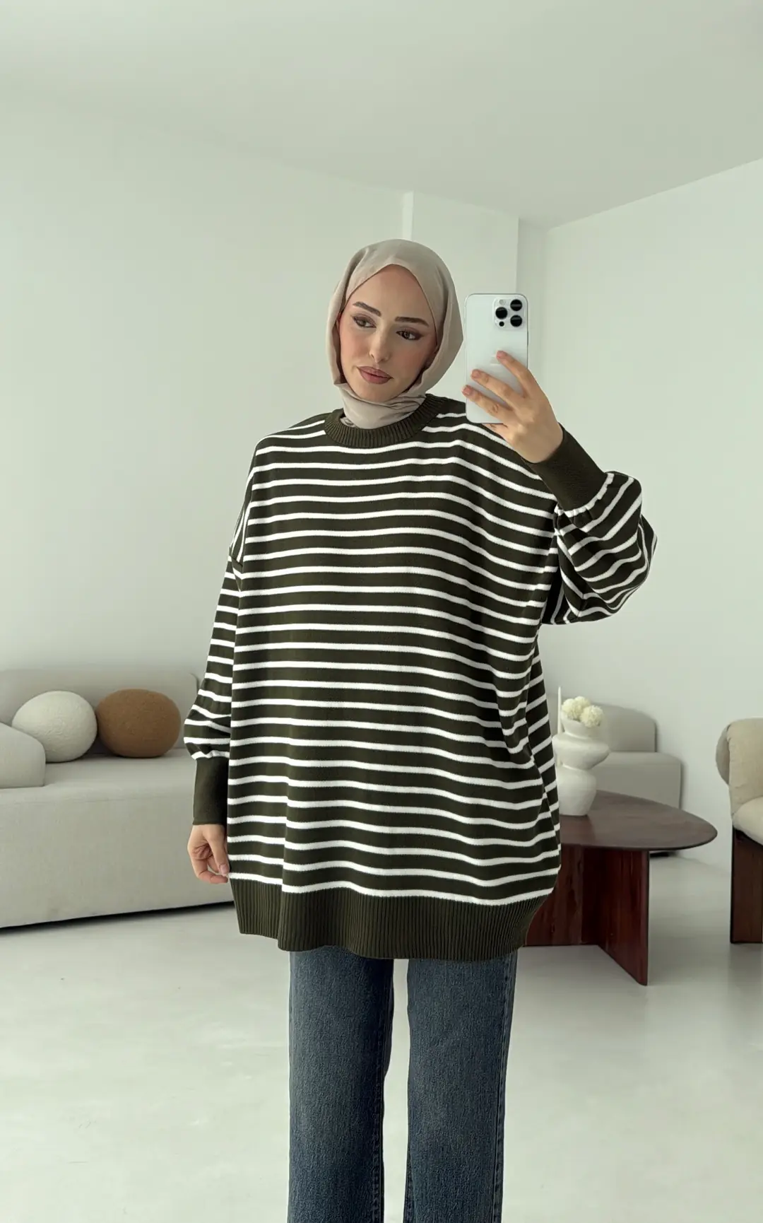 Çizgili Triko Kazak Haki - Görsel 5