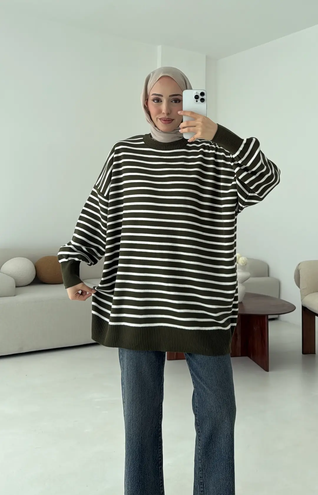 Çizgili Triko Kazak Haki - Görsel 7