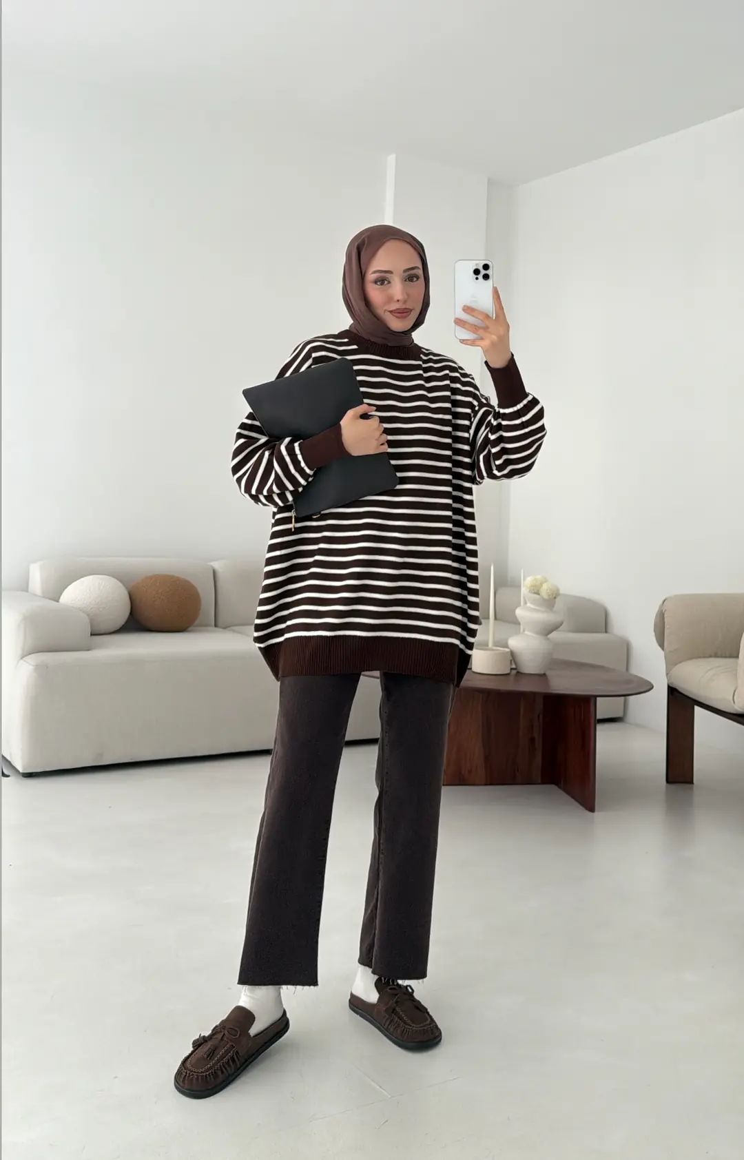 Çizgili Triko Kazak Kahve