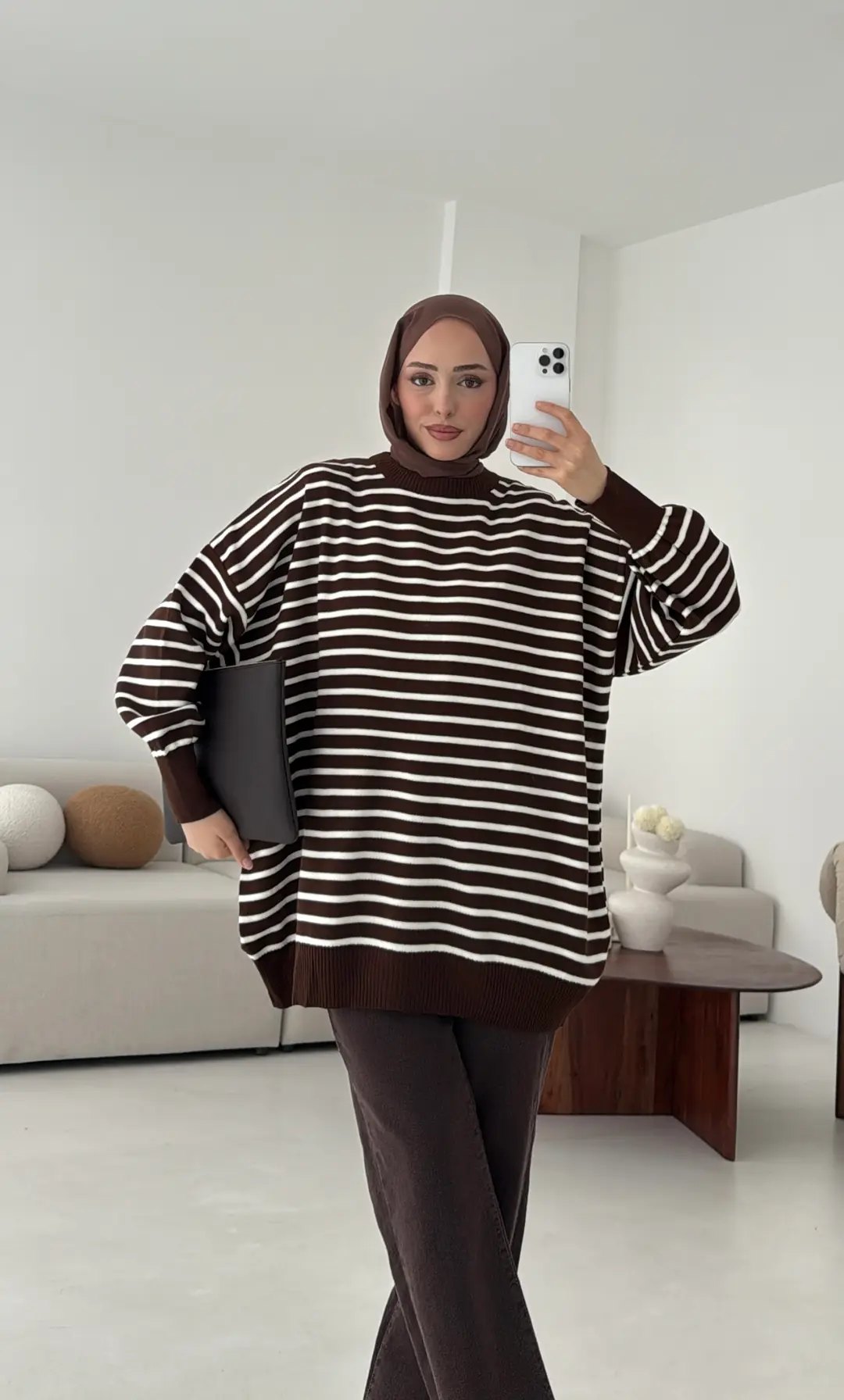Çizgili Triko Kazak Kahve - Görsel 6