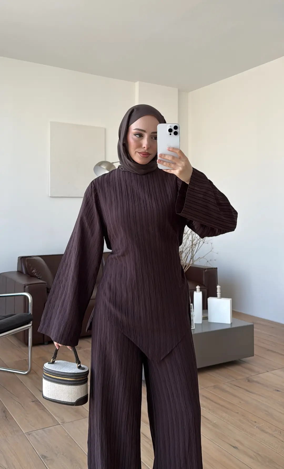 Çizgili Tunikli Takım Kahve - Görsel 4