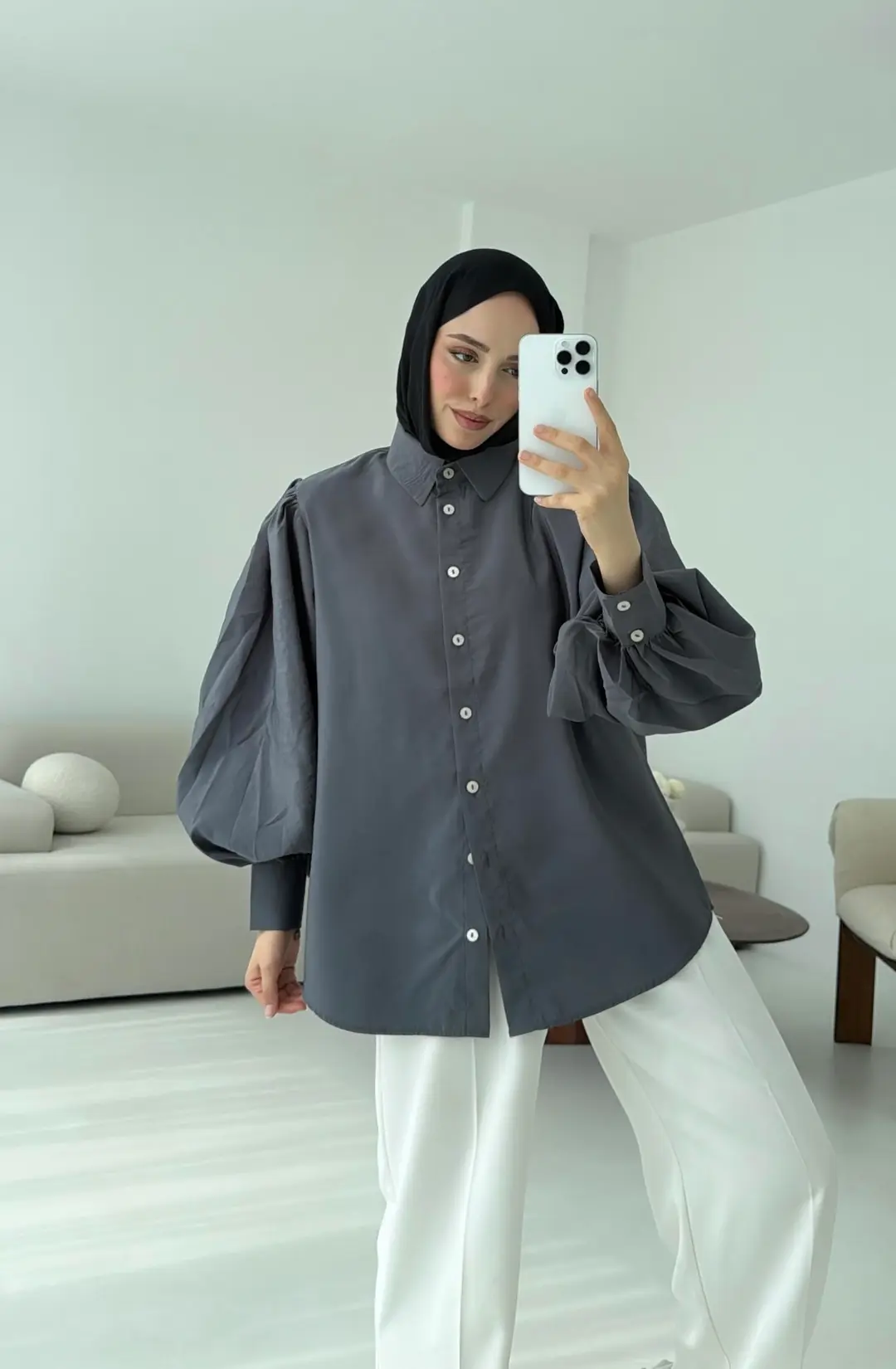 Cotton Balon Kol Gömlek Gri - Görsel 5