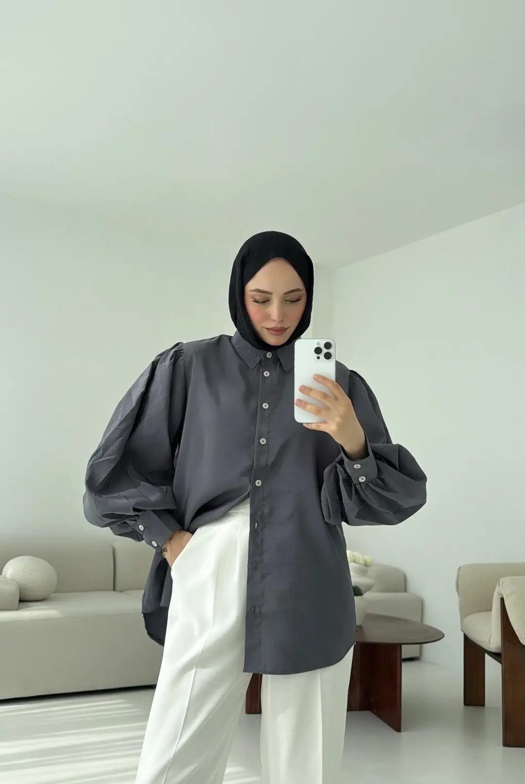 Cotton Balon Kol Gömlek Gri - Görsel 6