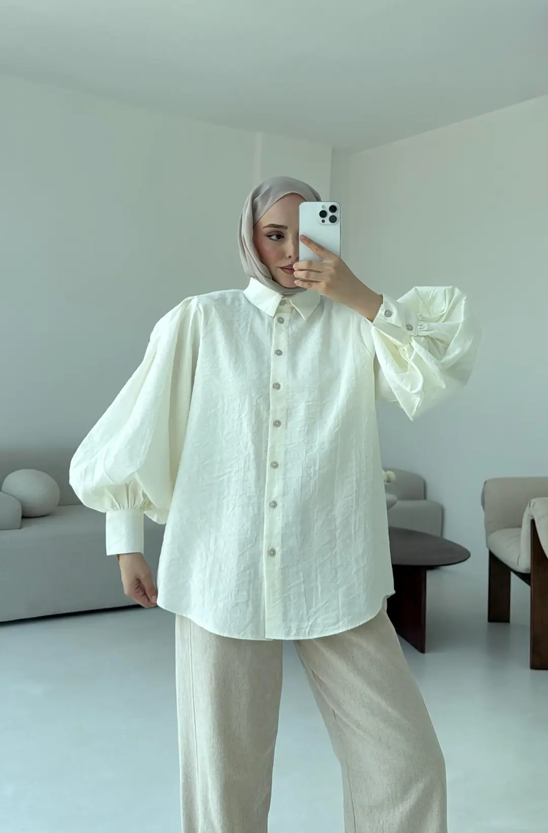 Cotton Balon Kol Gömlek Krem - Görsel 2