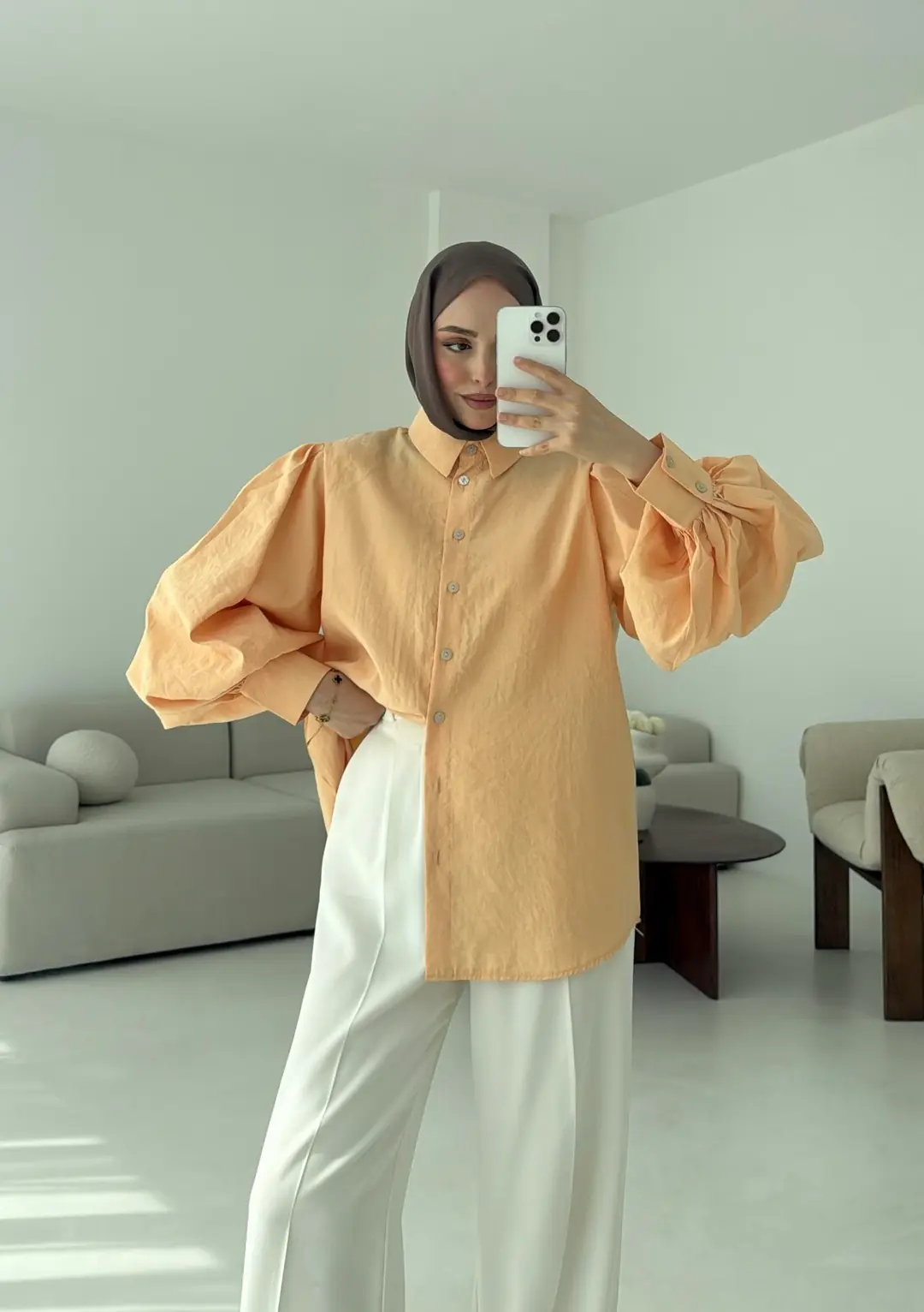 Cotton Balon Kol Gömlek Somon - Görsel 3