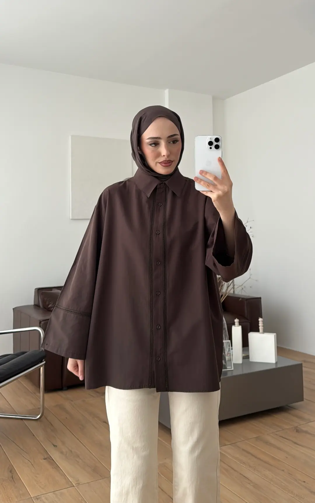 Dantel Geçişli Poplin Gömlek Kahve - Görsel 6