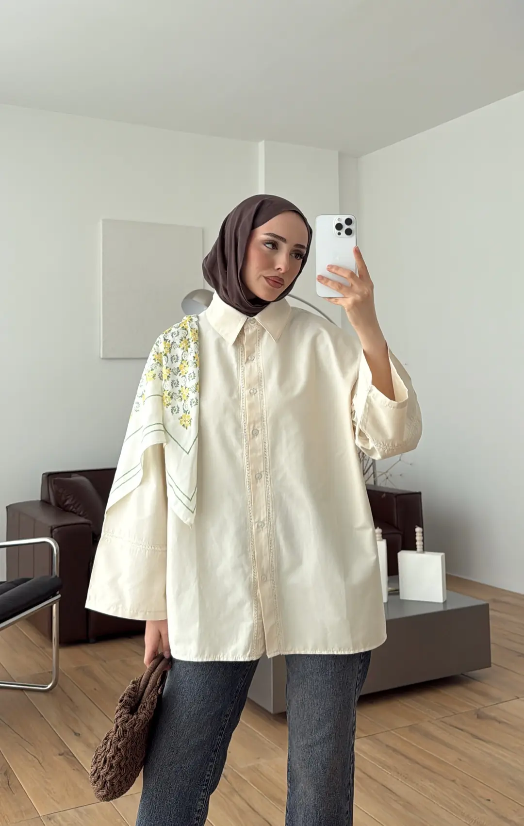 Dantel Geçişli Poplin Gömlek Krem - Görsel 5