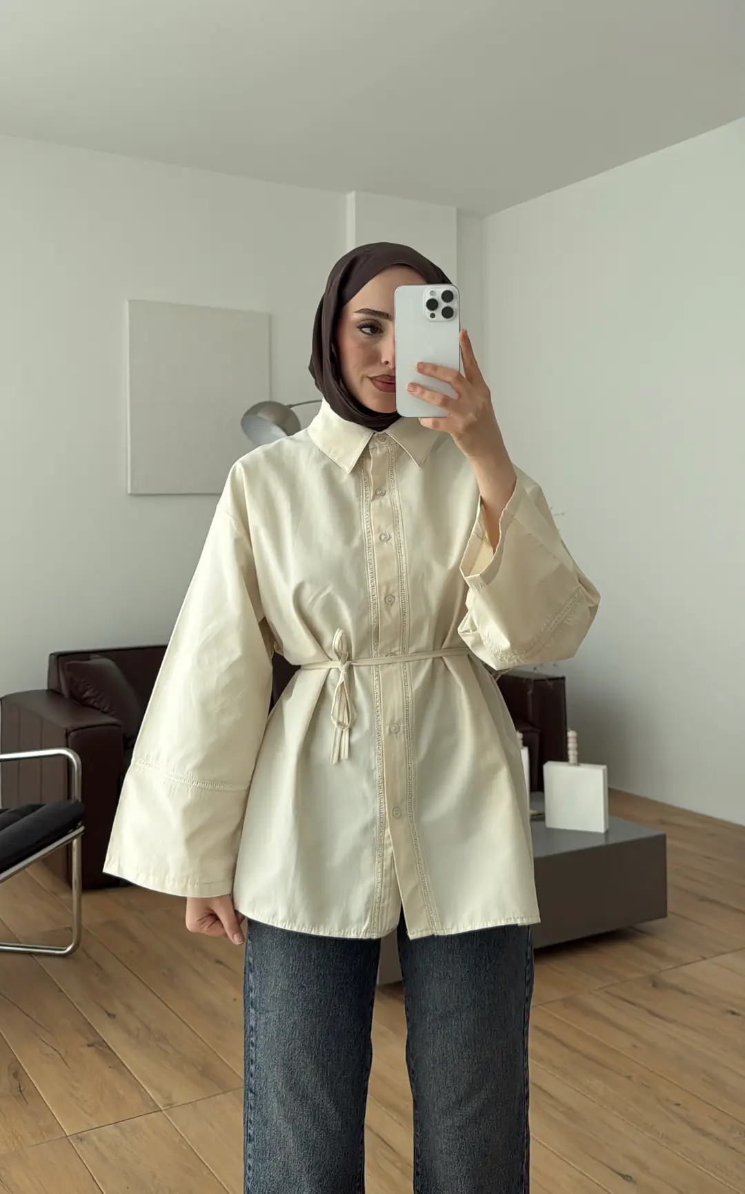 Dantel Geçişli Poplin Gömlek Krem - Görsel 9