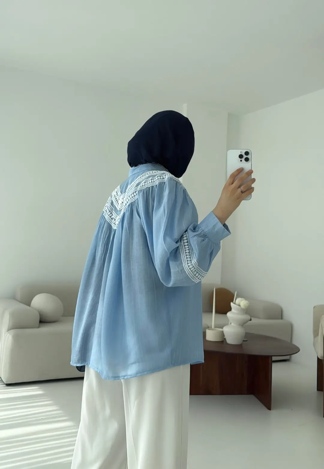 Dantelli Büzgülü Gömlek Acık Mavi - Görsel 6