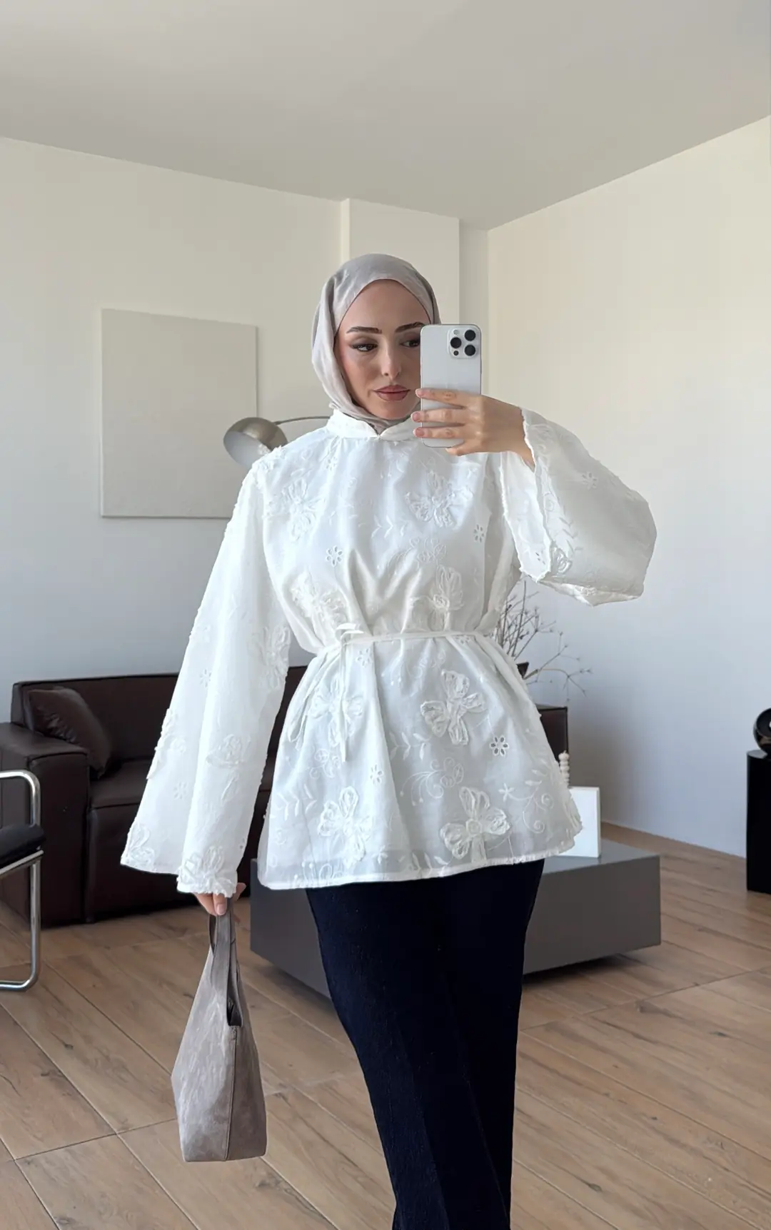 Dantelli Hakim Yaka Bluz Beyaz - Görsel 5