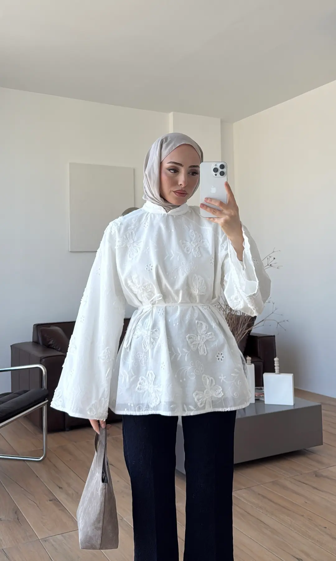 Dantelli Hakim Yaka Bluz Beyaz - Görsel 7