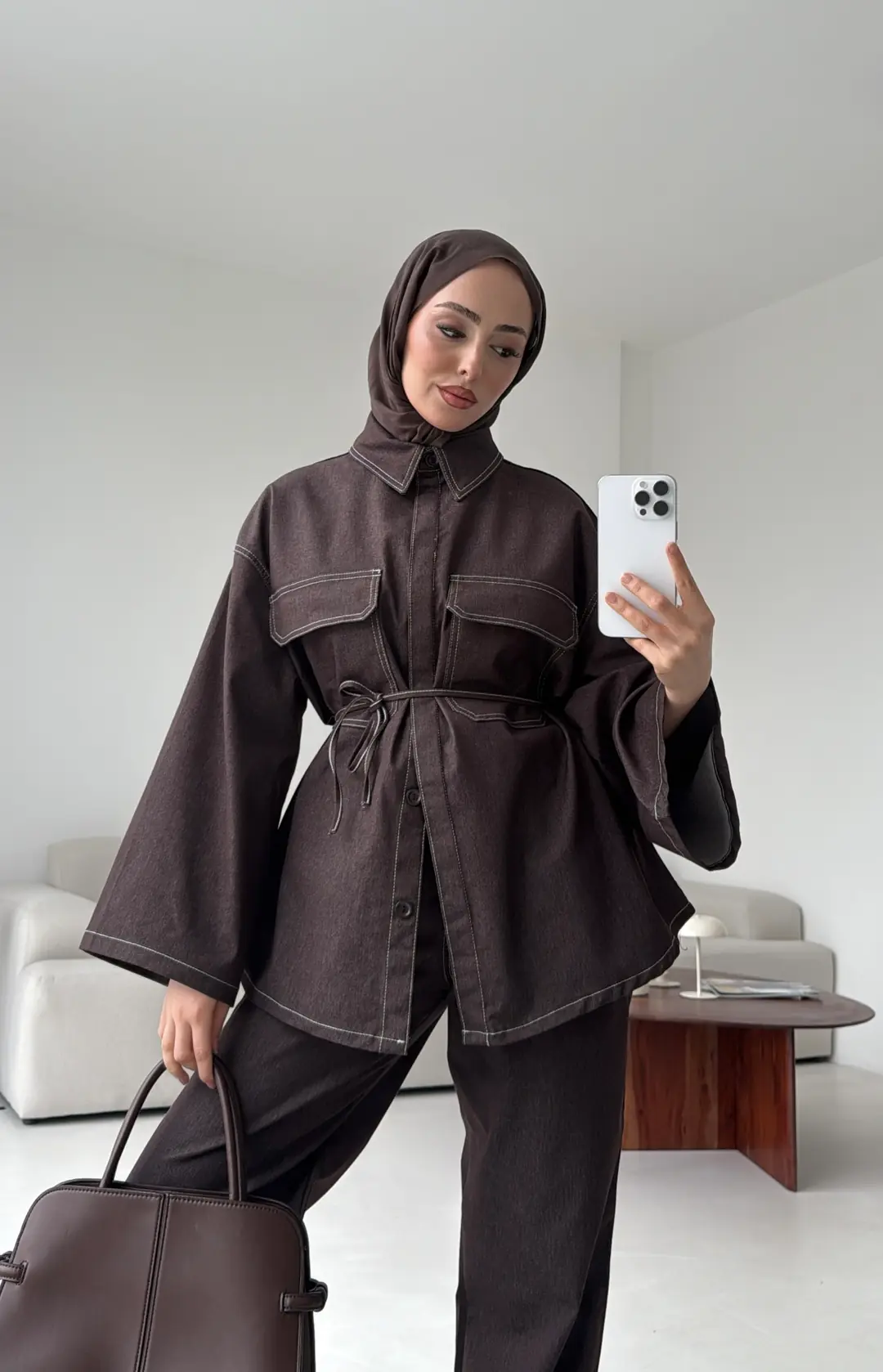 Denim Kontrast Dikişli Takım Kahve - Görsel 2