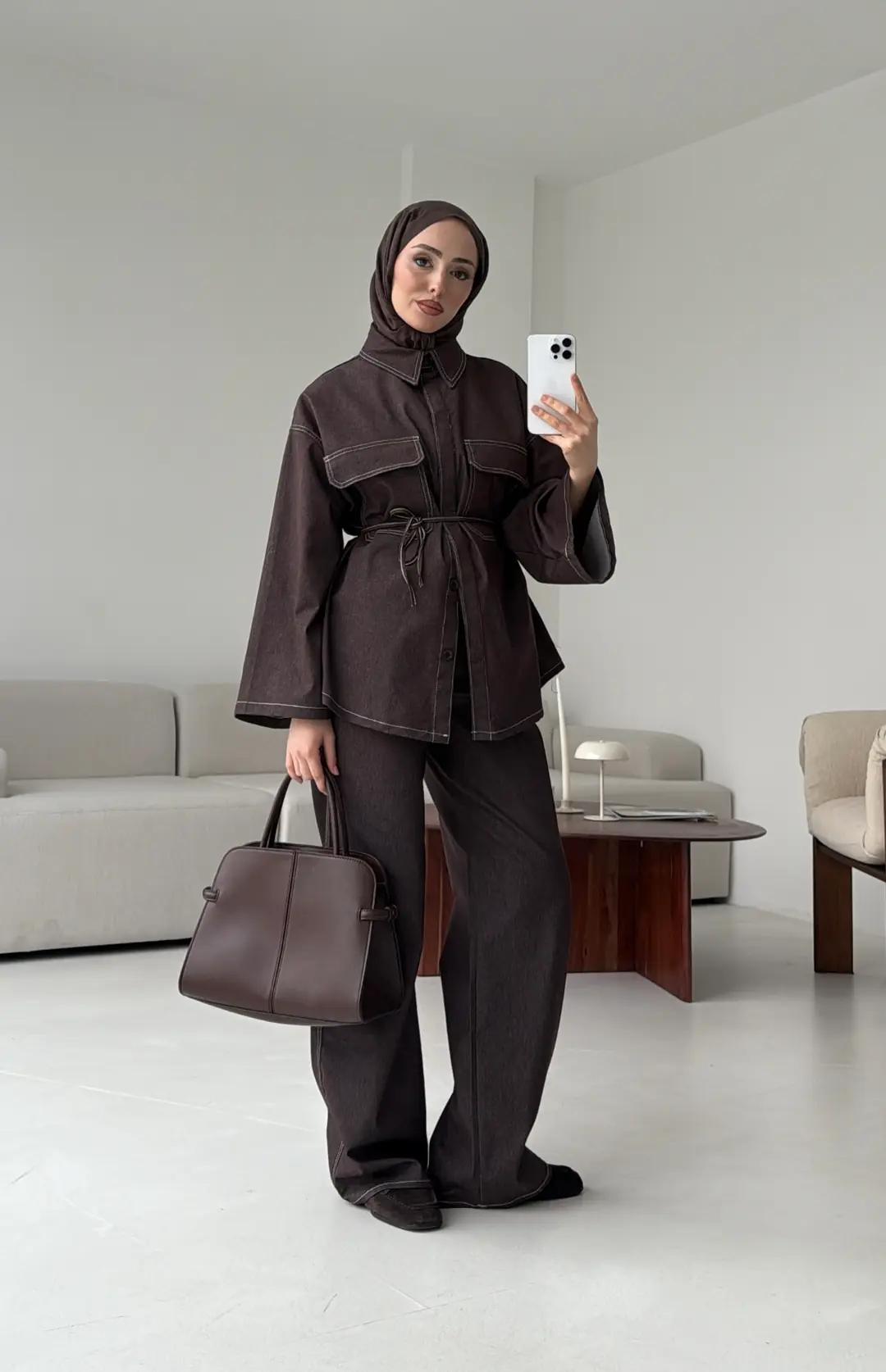 Denim Kontrast Dikişli Takım Kahve - Görsel 3