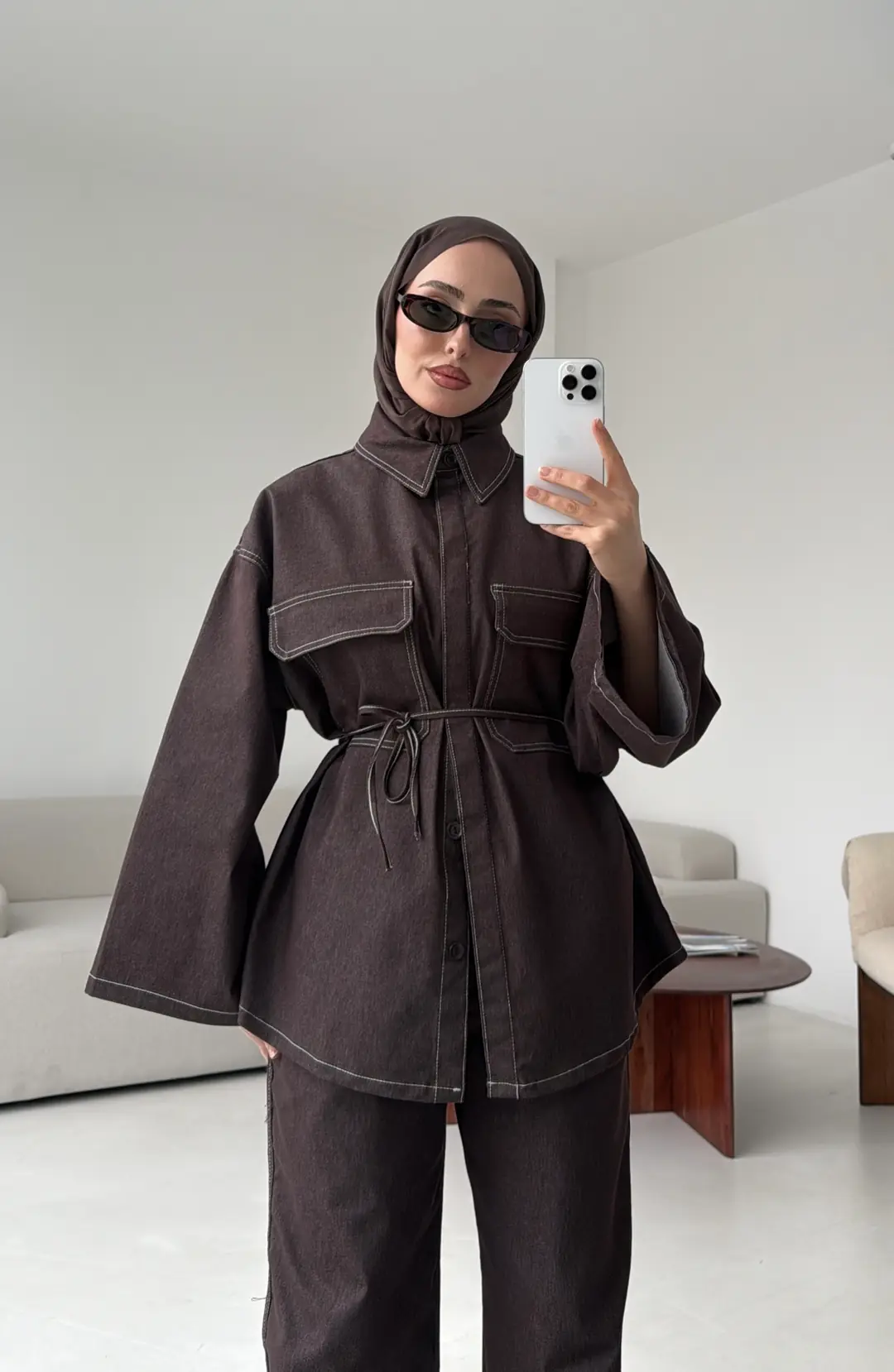 Denim Kontrast Dikişli Takım Kahve - Görsel 8