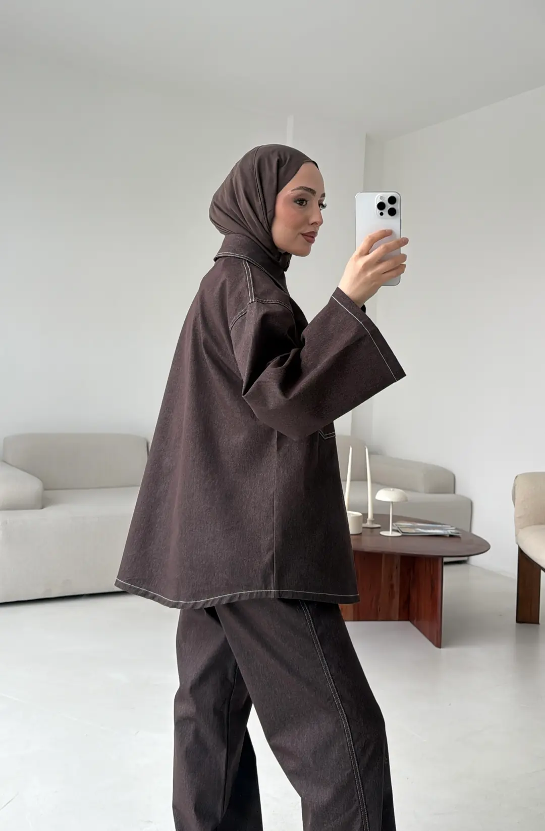 Denim Kontrast Dikişli Takım Kahve - Görsel 9