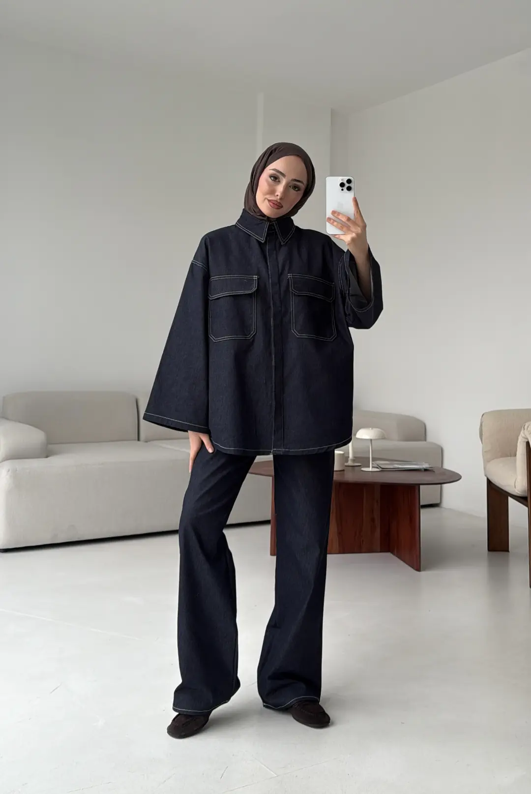 Denim Kontrast Dikişli Takım Lacivert