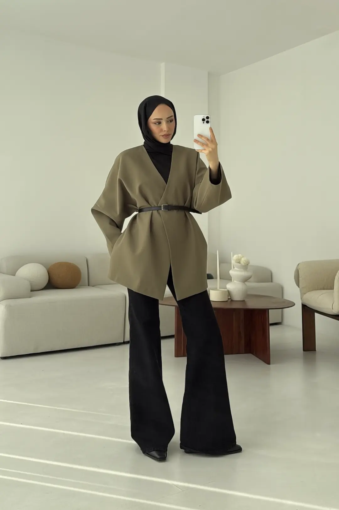 Deri Kemer Detay Oversize Ceket Haki