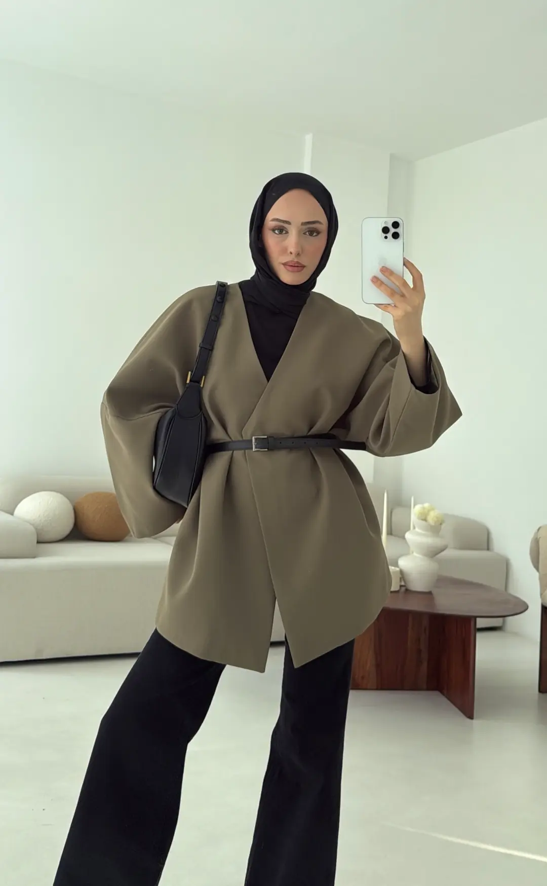 Deri Kemer Detay Oversize Ceket Haki - Görsel 10