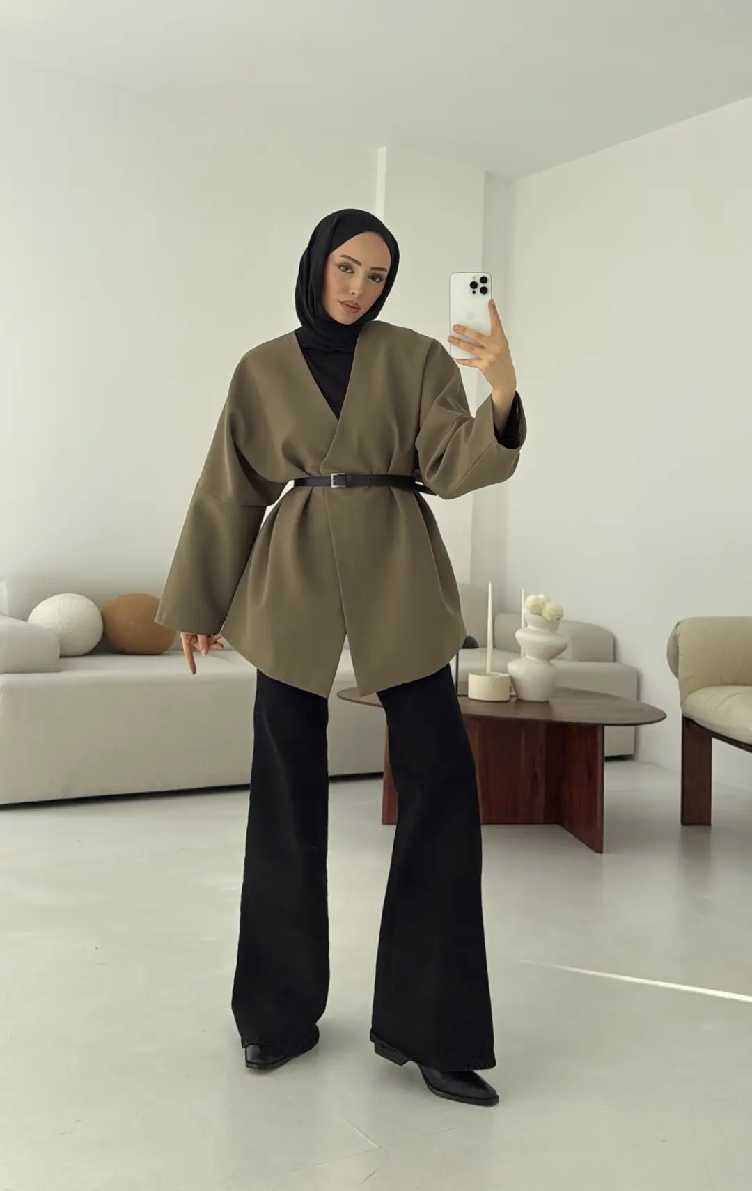 Deri Kemer Detay Oversize Ceket Haki - Görsel 3