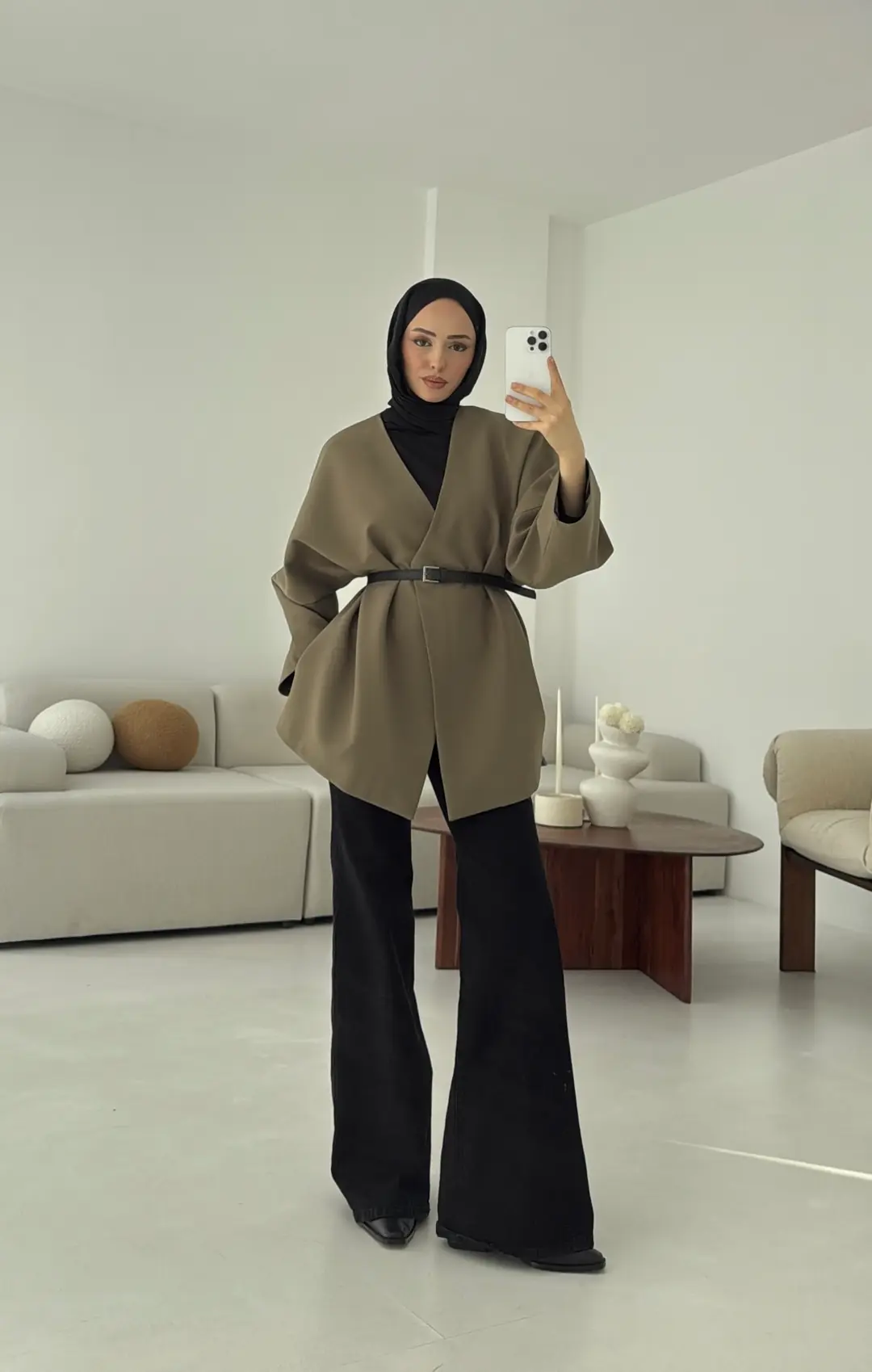 Deri Kemer Detay Oversize Ceket Haki - Görsel 4