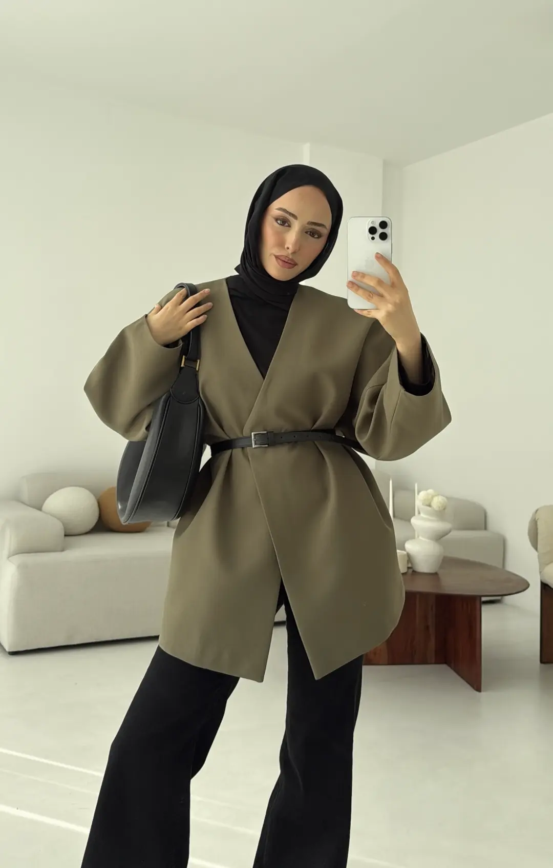 Deri Kemer Detay Oversize Ceket Haki - Görsel 7