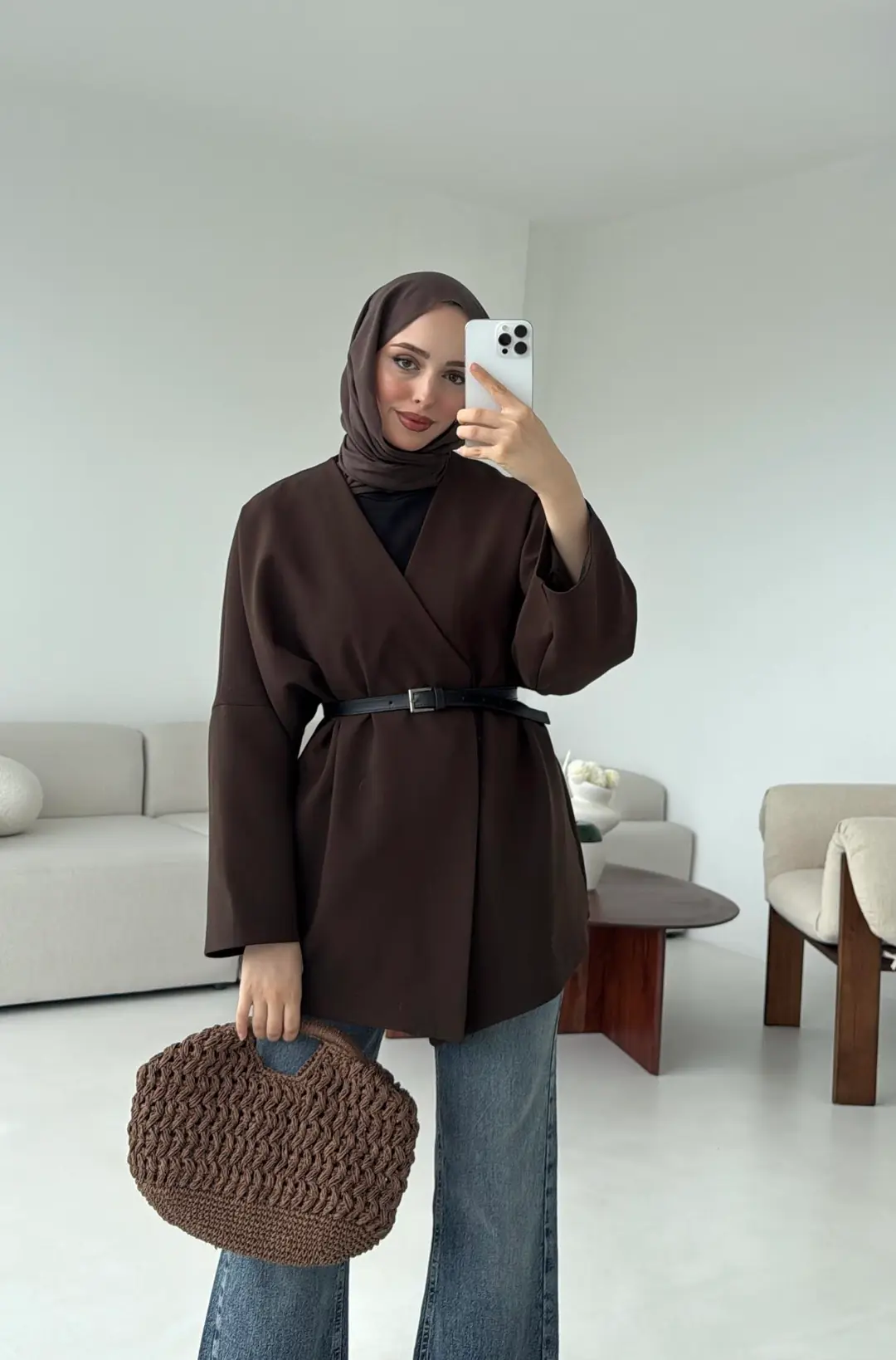 Deri Kemer Detay Oversize Ceket Kahve