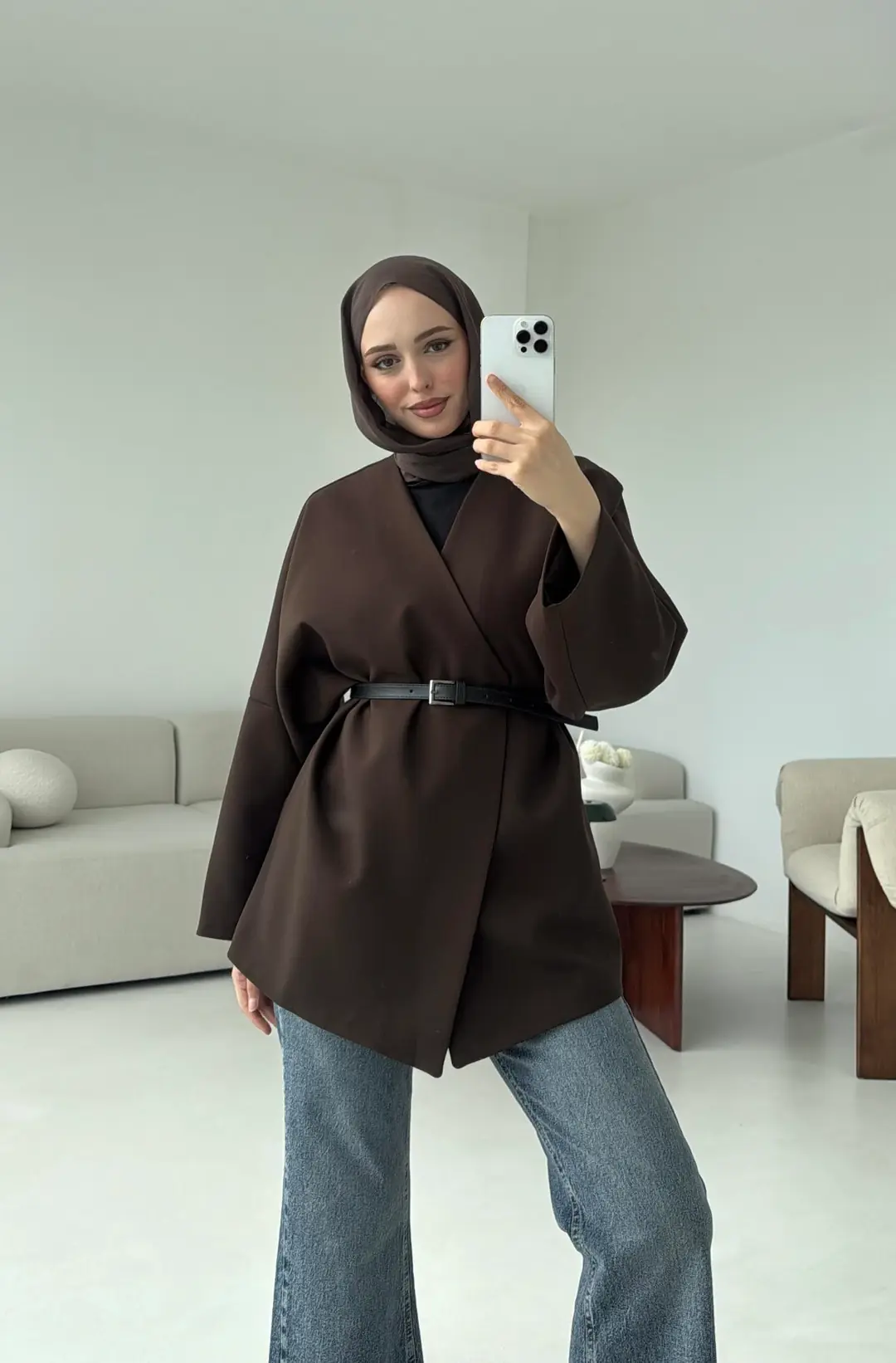 Deri Kemer Detay Oversize Ceket Kahve - Görsel 4