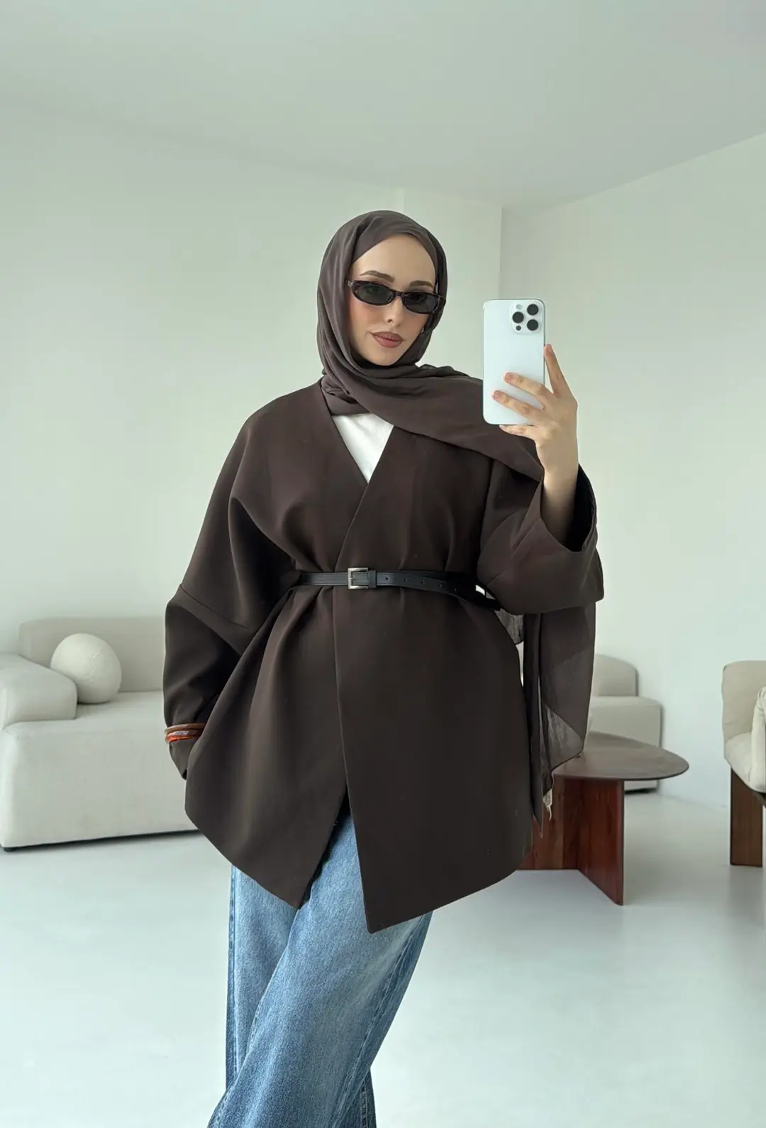 Deri Kemer Detay Oversize Ceket Kahve - Görsel 10