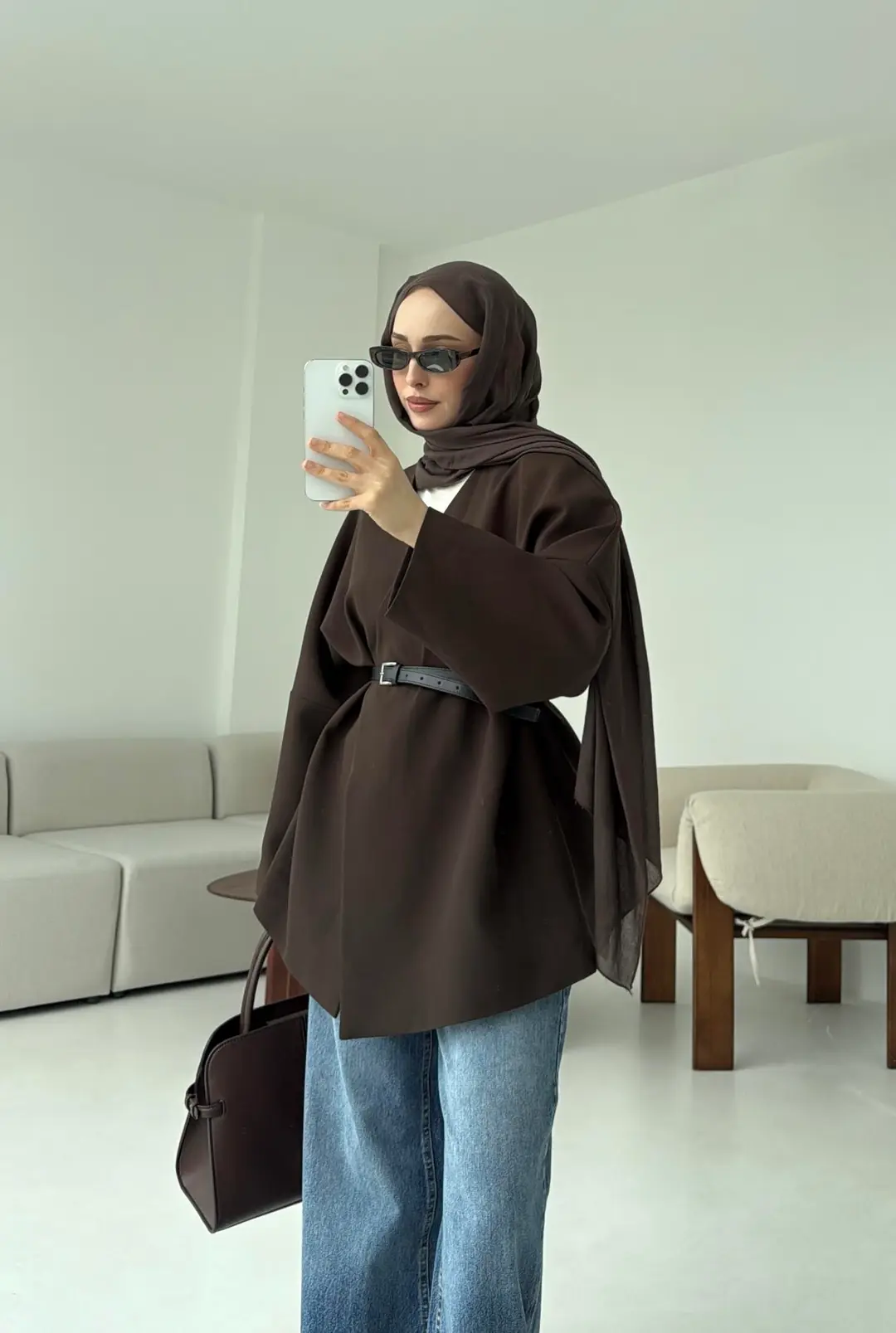 Deri Kemer Detay Oversize Ceket Kahve - Görsel 3