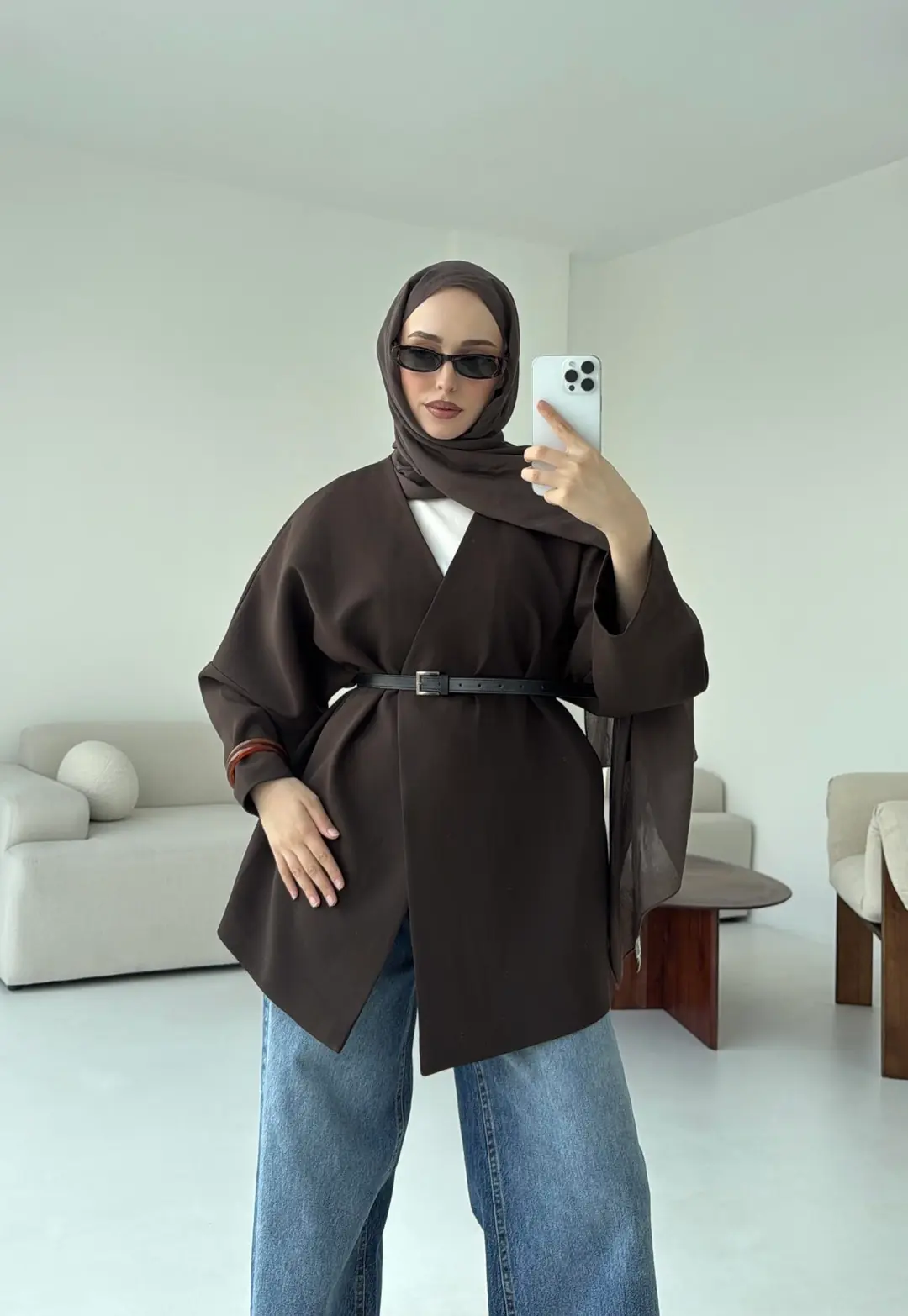 Deri Kemer Detay Oversize Ceket Kahve - Görsel 7