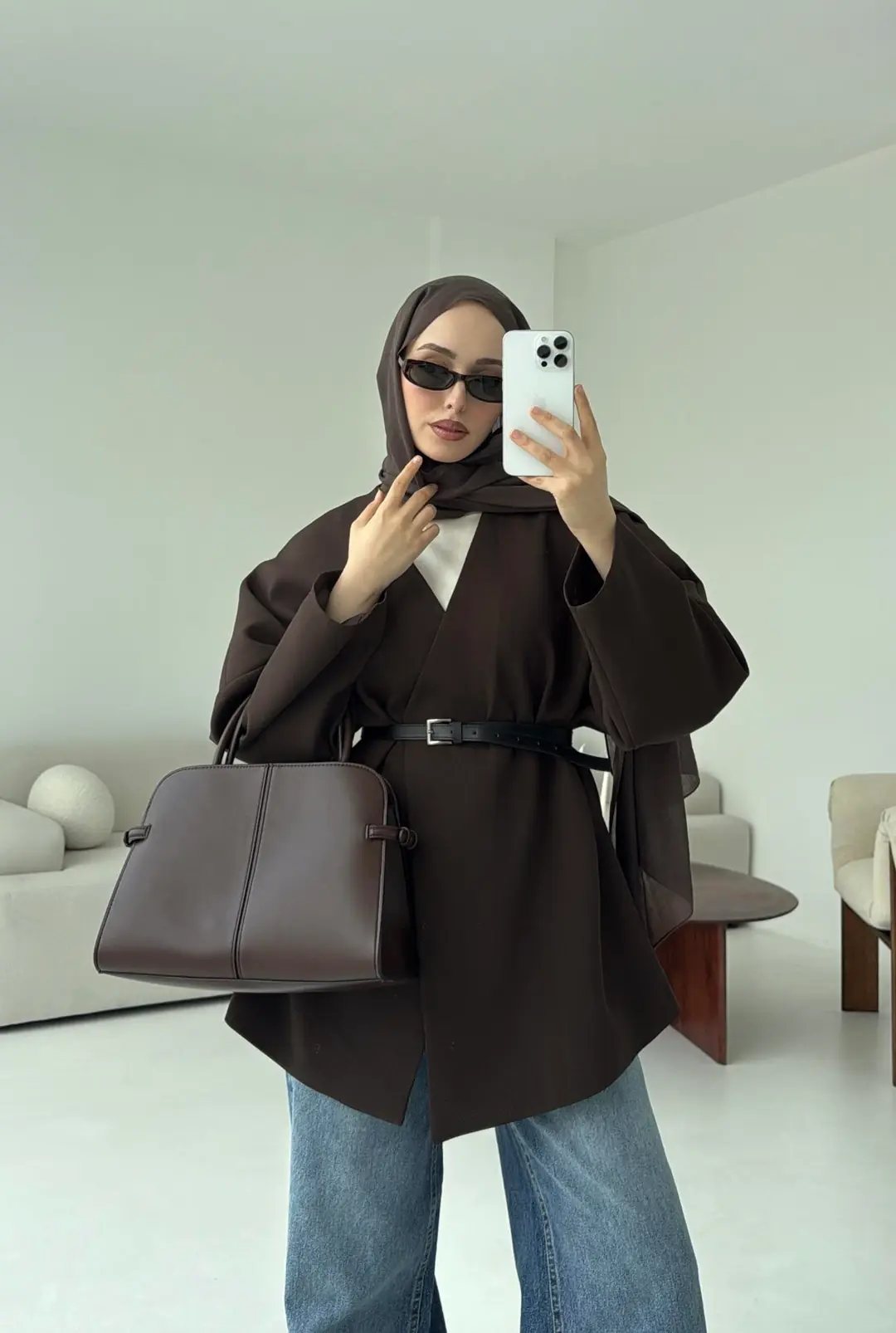 Deri Kemer Detay Oversize Ceket Kahve - Görsel 8