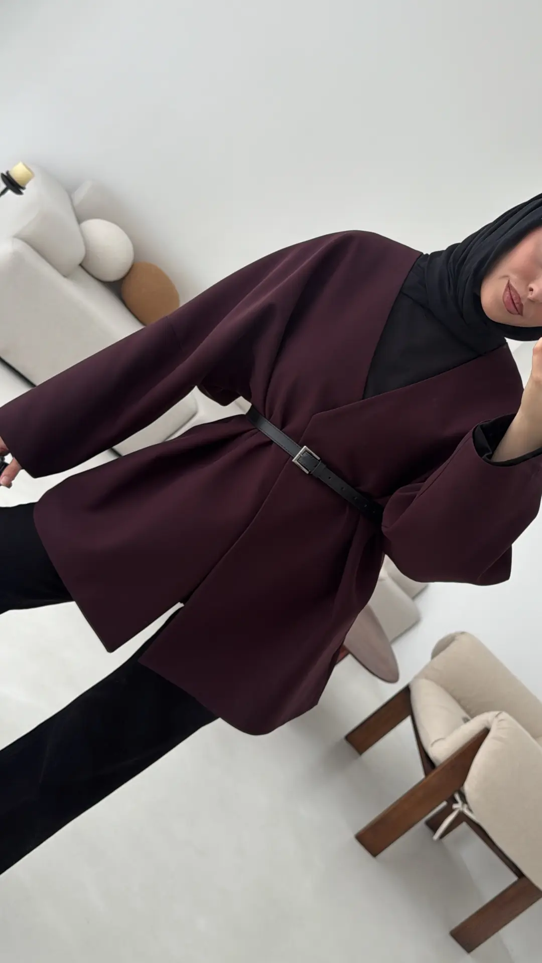 Deri Kemer Detay Oversize Ceket Mürdüm - Görsel 2