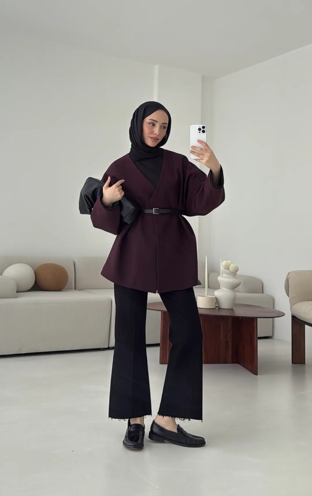 Deri Kemer Detay Oversize Ceket Mürdüm - Görsel 3