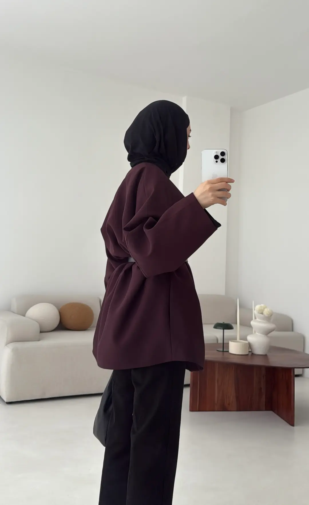 Deri Kemer Detay Oversize Ceket Mürdüm - Görsel 4