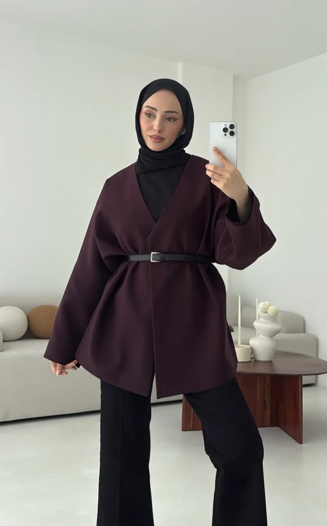 Deri Kemer Detay Oversize Ceket Mürdüm - Görsel 5