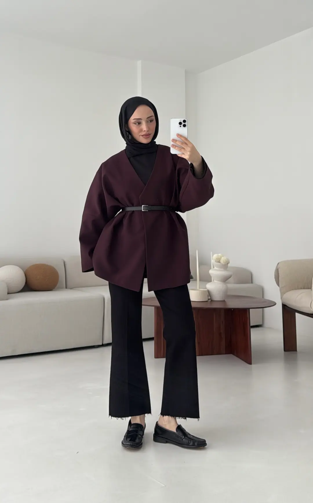 Deri Kemer Detay Oversize Ceket Mürdüm - Görsel 6