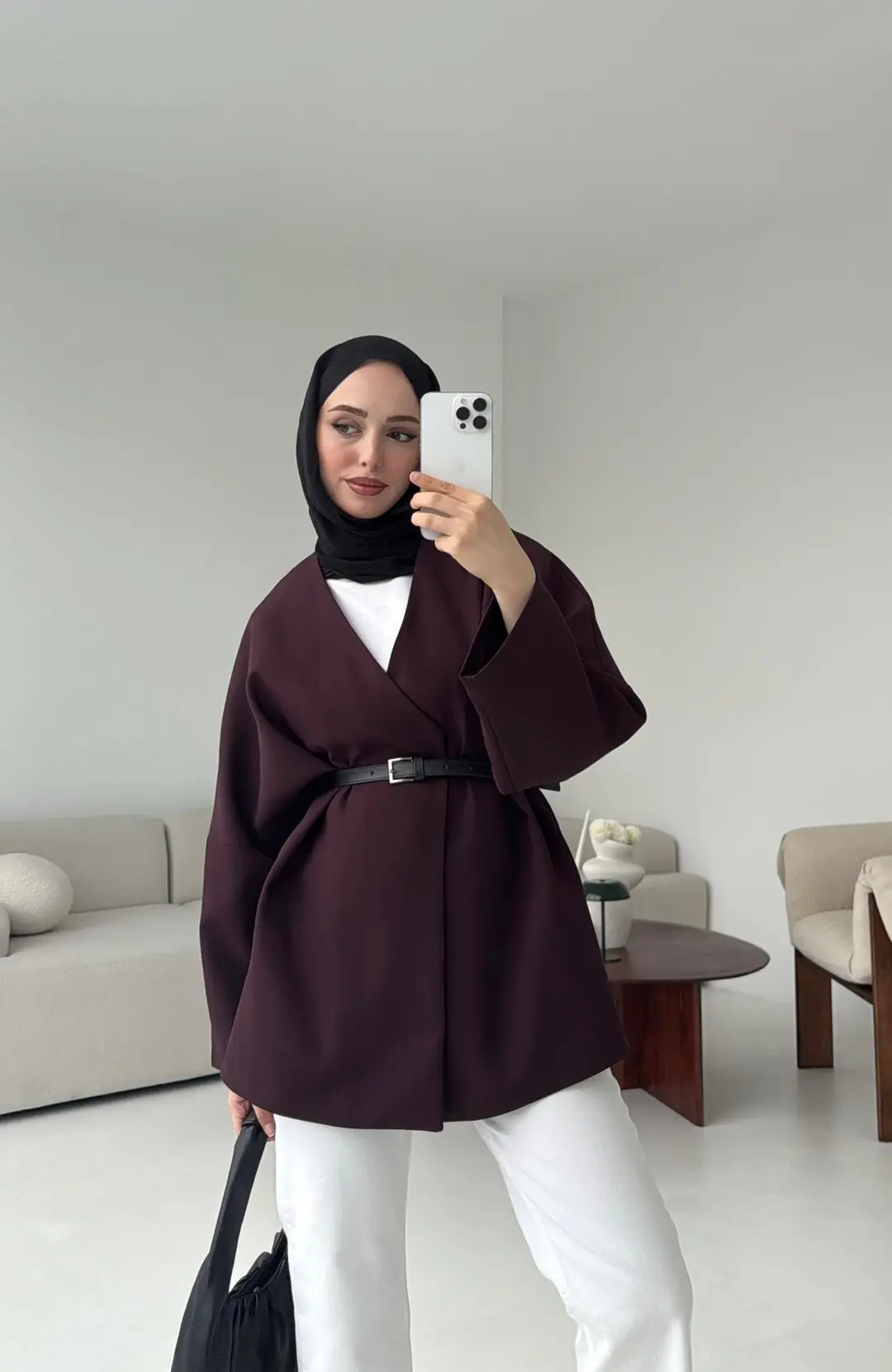 Deri Kemer Detay Oversize Ceket Mürdüm - Görsel 6