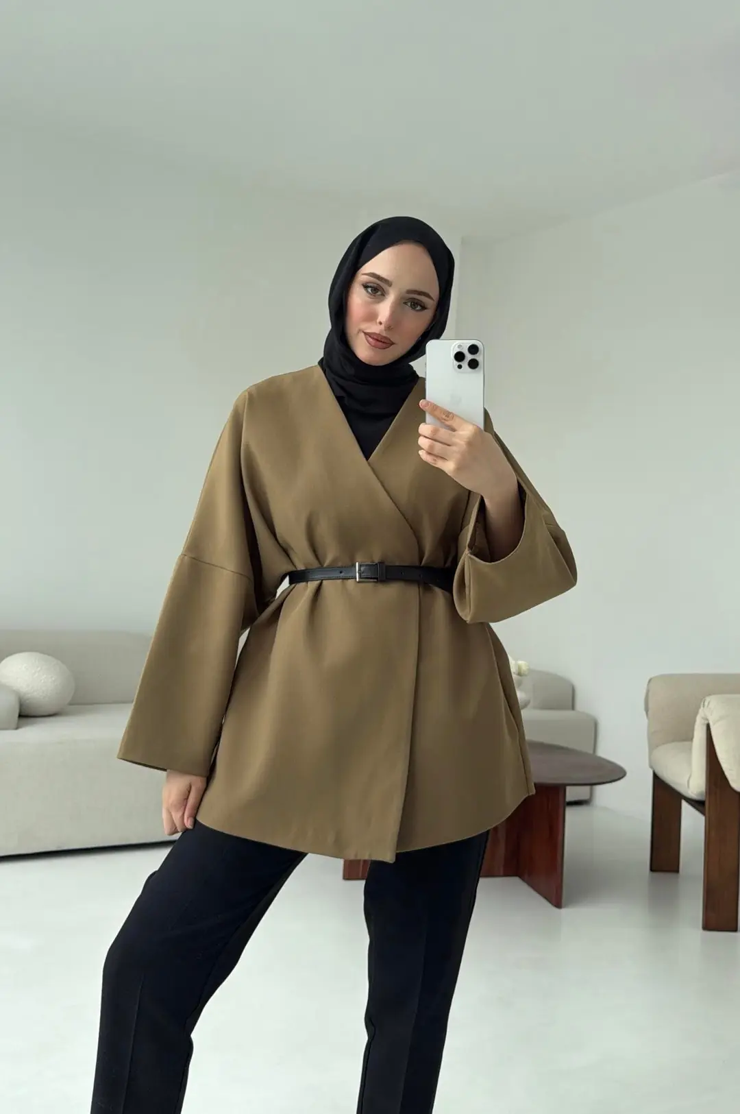 Deri Kemer Detay Oversize Ceket Olive - Görsel 3