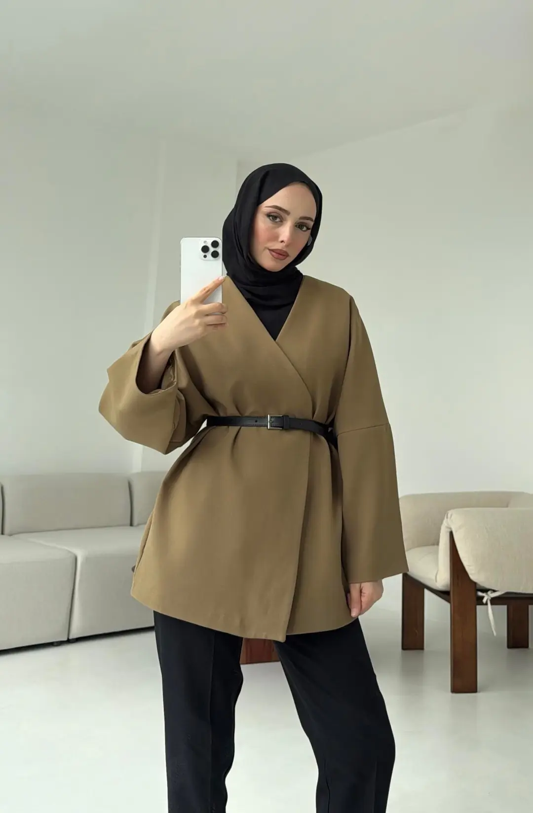 Deri Kemer Detay Oversize Ceket Olive - Görsel 5