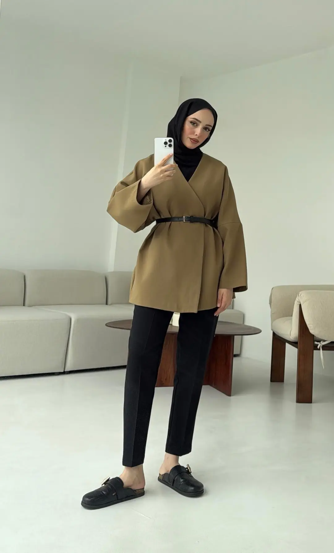 Deri Kemer Detay Oversize Ceket Olive - Görsel 7