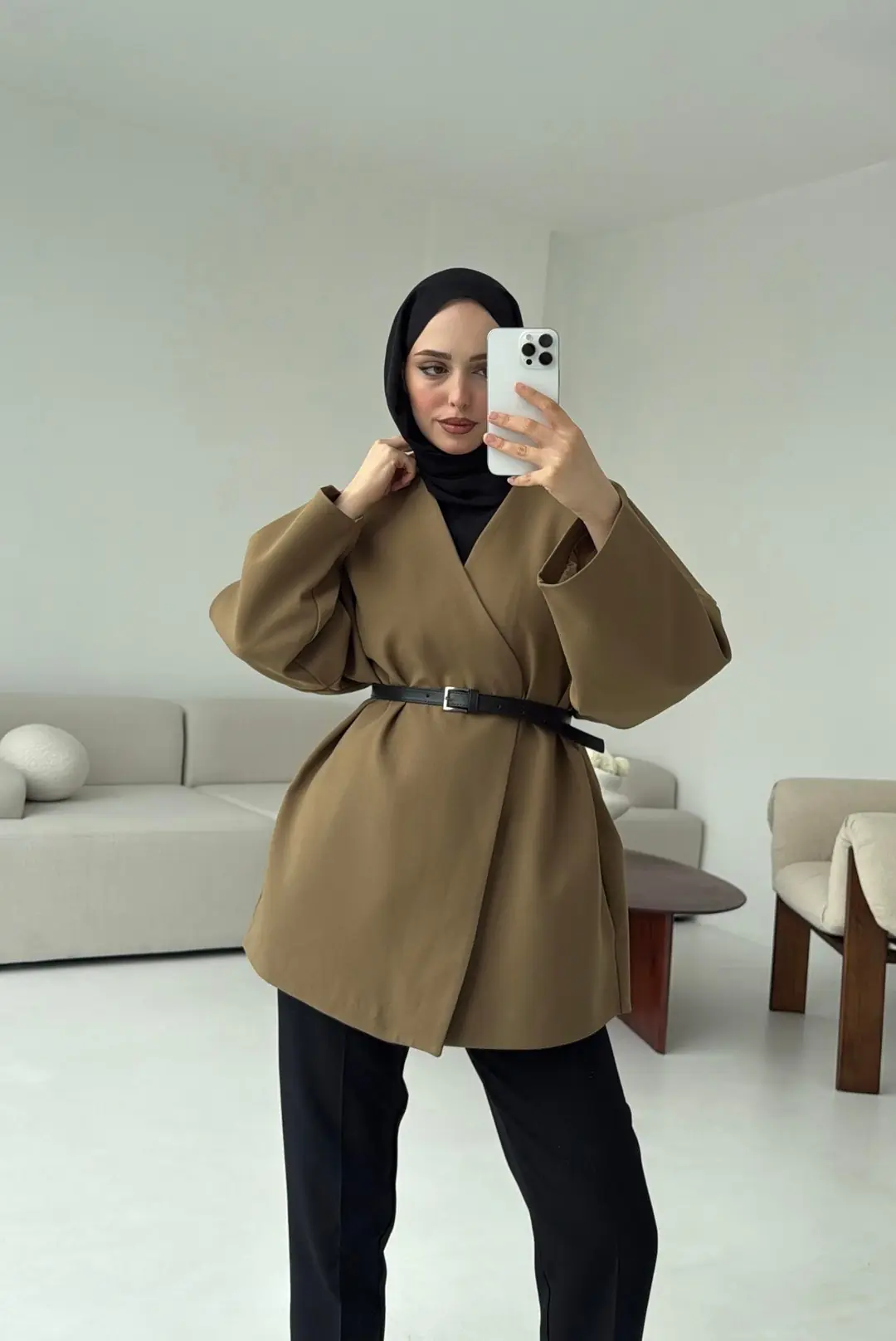 Deri Kemer Detay Oversize Ceket Olive - Görsel 8