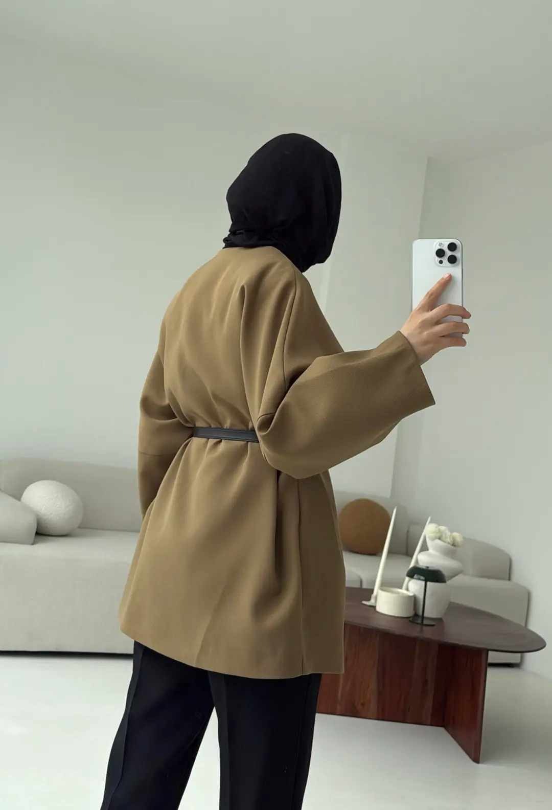 Deri Kemer Detay Oversize Ceket Olive - Görsel 9