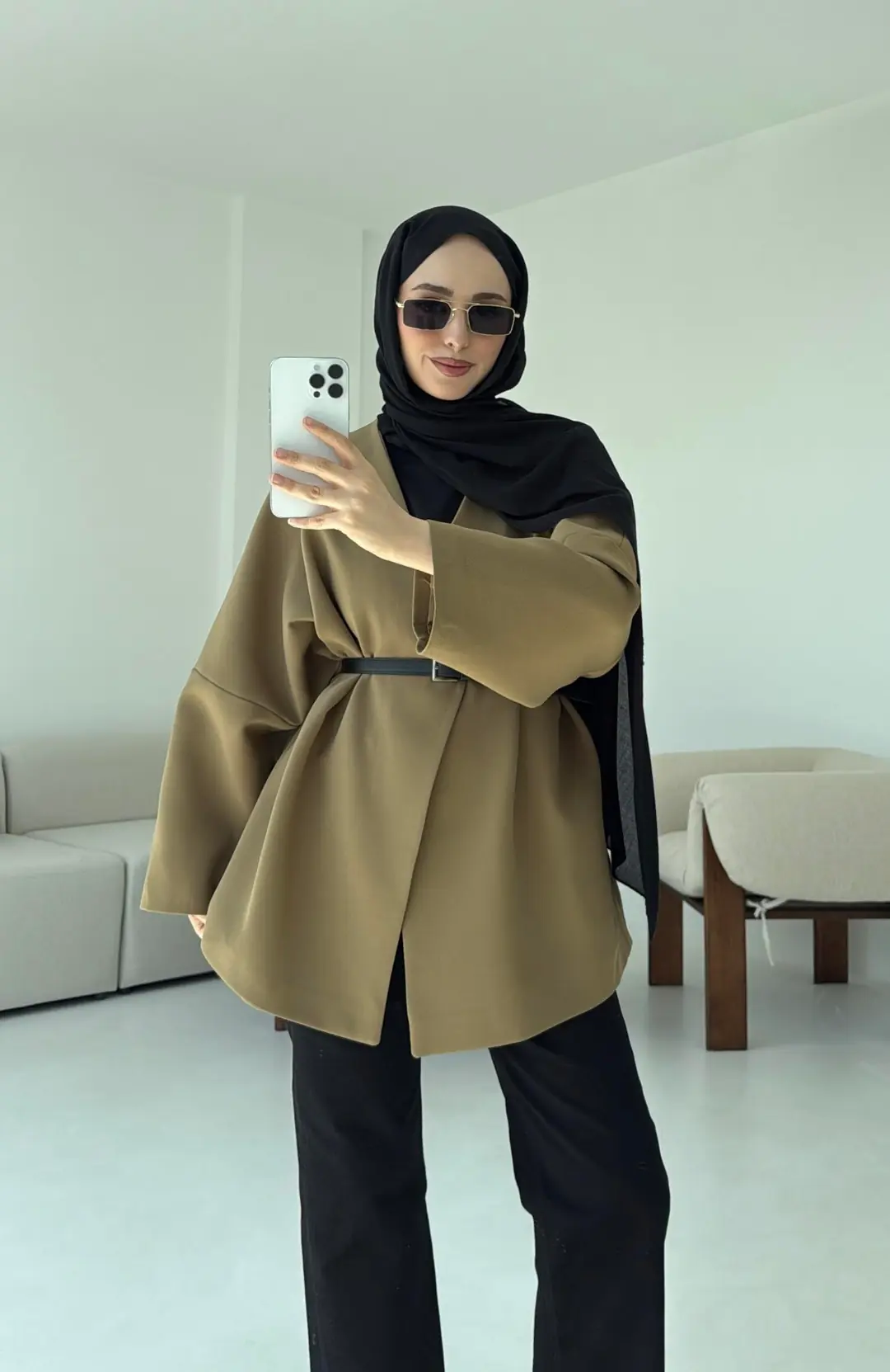 Deri Kemer Detay Oversize Ceket Olive