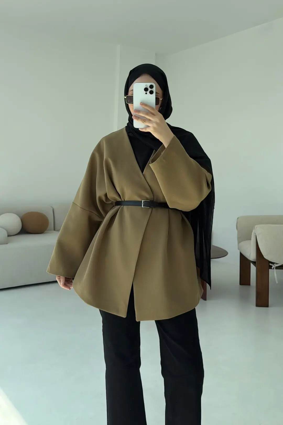 Deri Kemer Detay Oversize Ceket Olive - Görsel 4