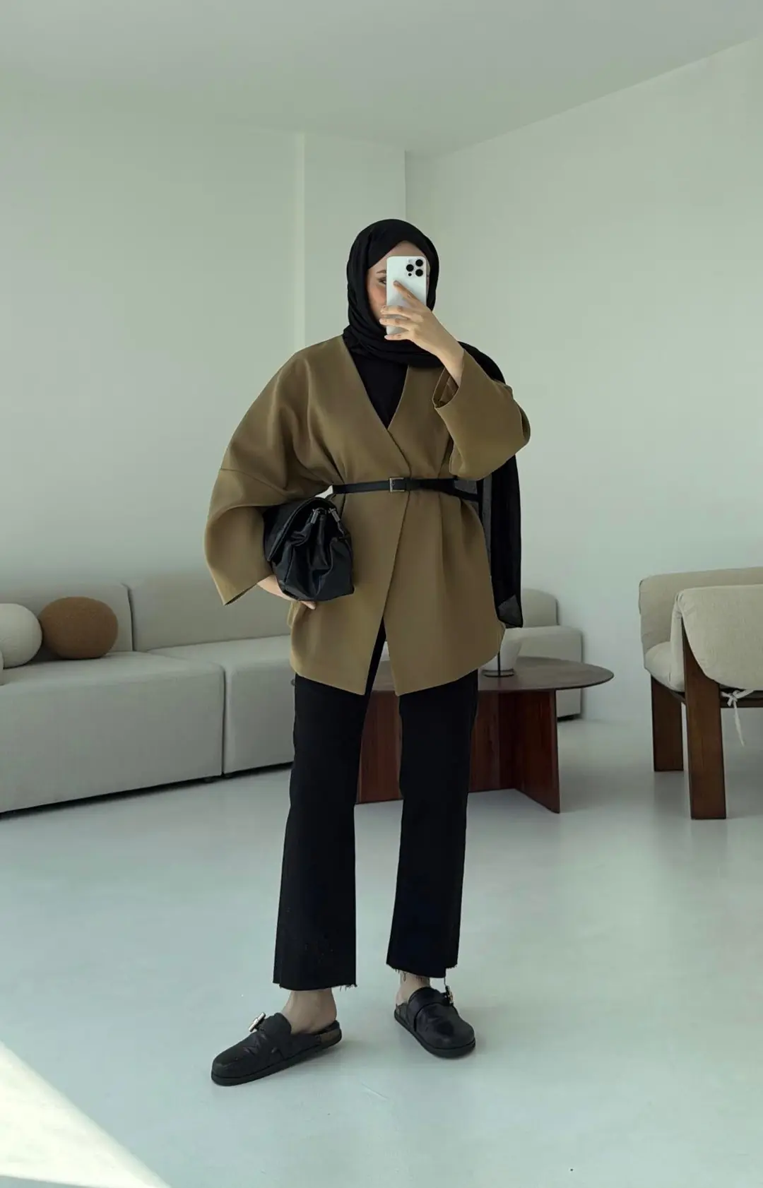 Deri Kemer Detay Oversize Ceket Olive - Görsel 8