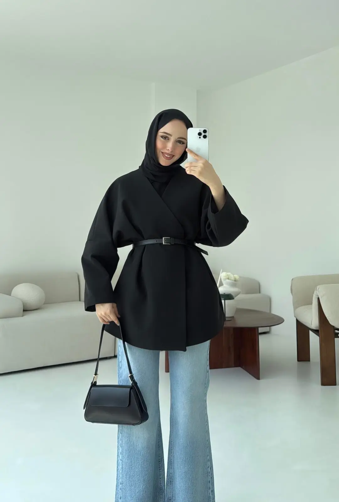 Deri Kemer Detay Oversize Ceket Siyah - Görsel 2