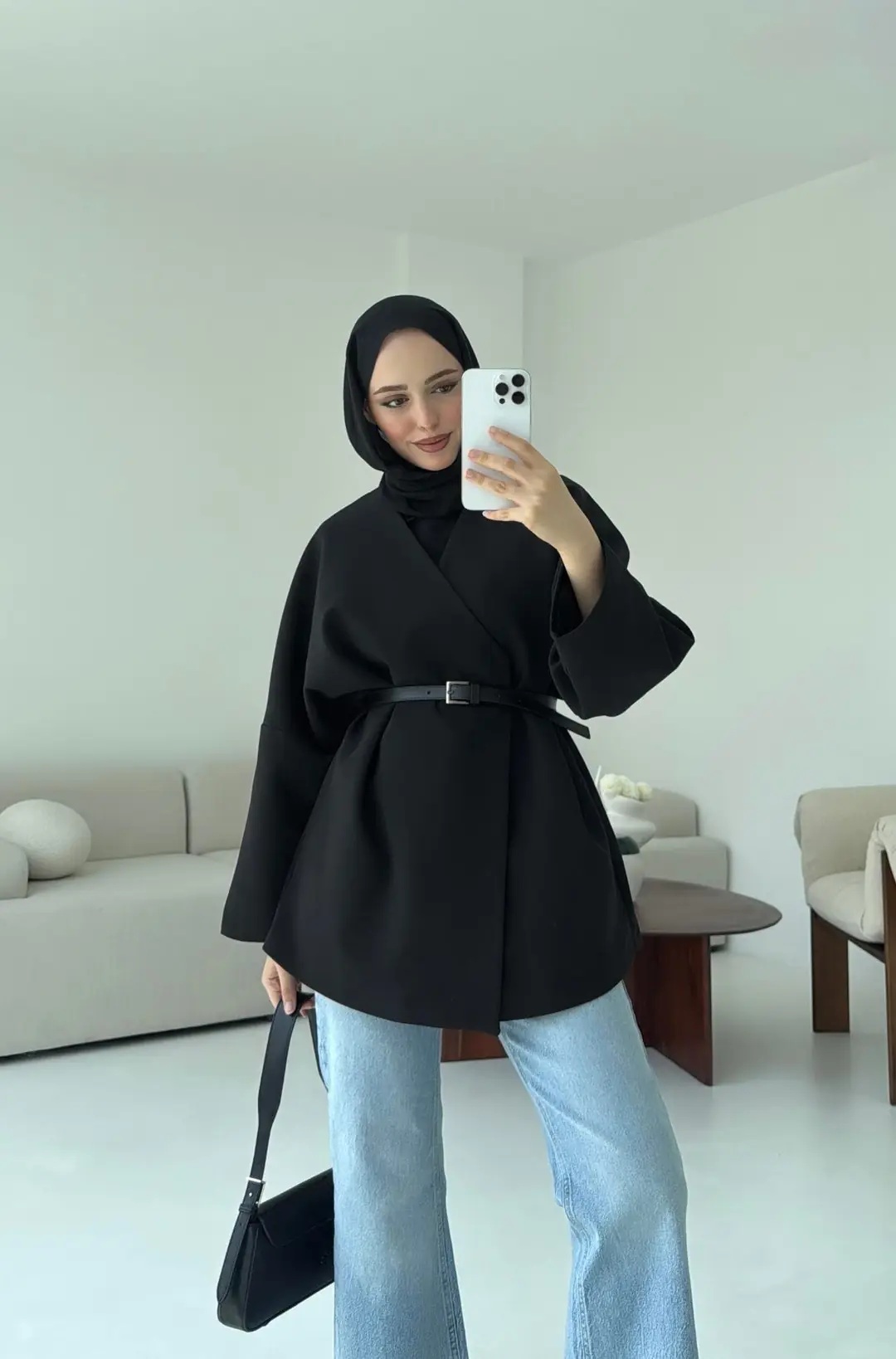 Deri Kemer Detay Oversize Ceket Siyah - Görsel 5